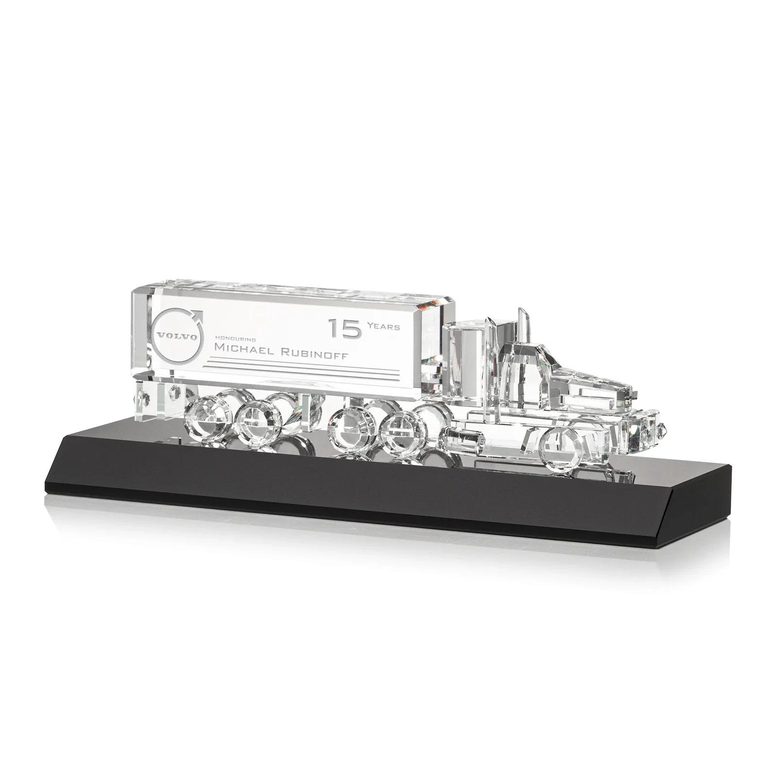 Personalized 3D Etched Optical Crystal 18 Wheeler Truck Award on Starfire Base for retirement presentations