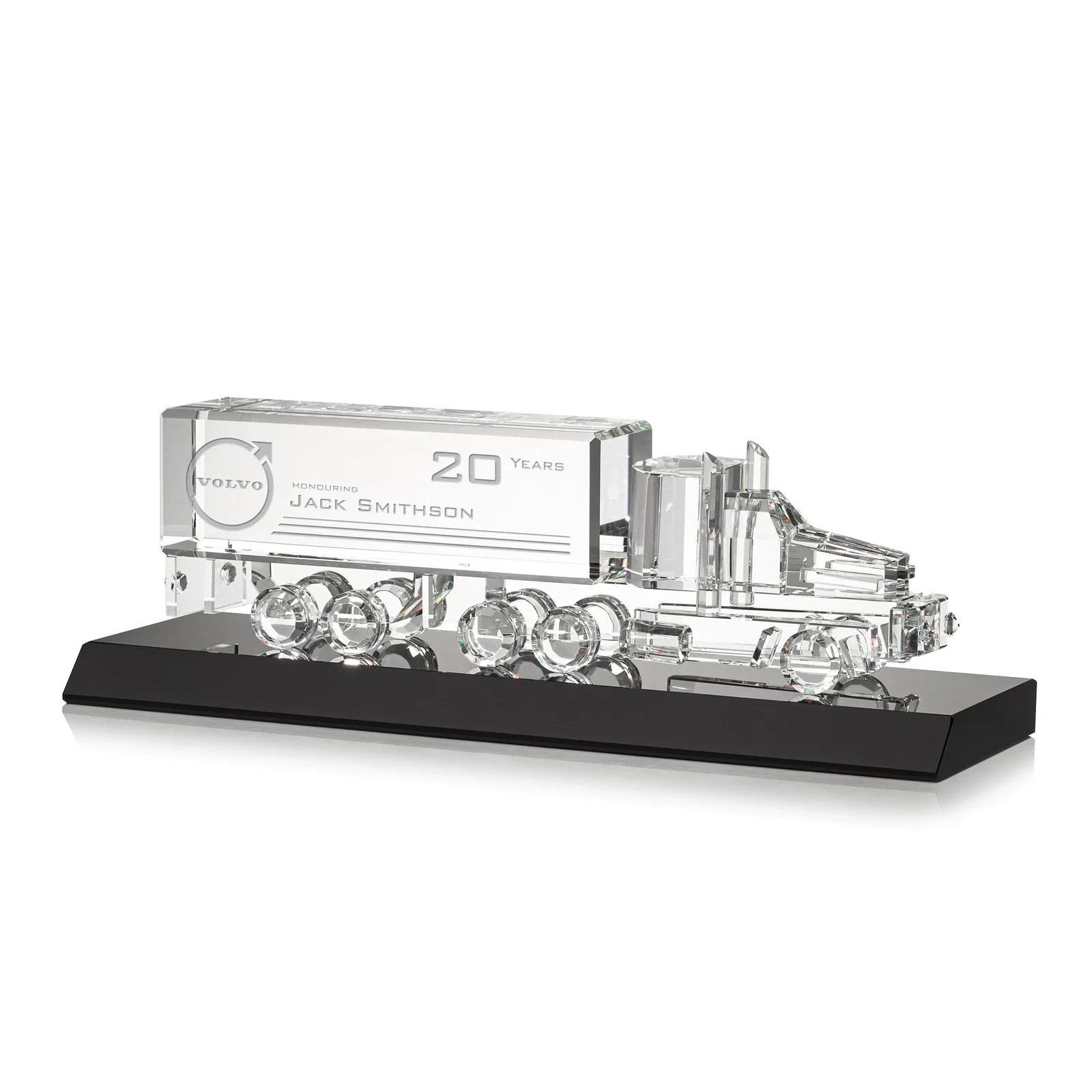 Personalized 3D Etched Optical Crystal 18 Wheeler Truck Award on Starfire Base for team milestone celebrations