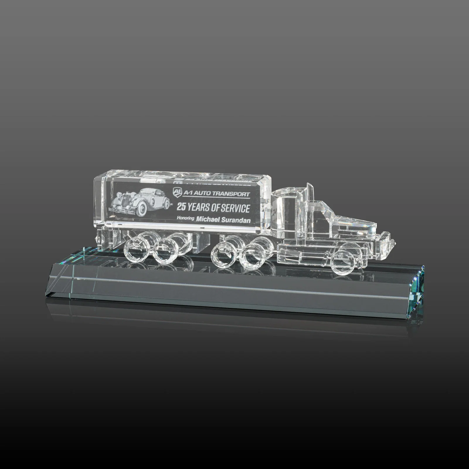 Custom 3D Etched Optical Crystal 18 Wheeler Truck Award on Starfire Base for corporate award ceremonies