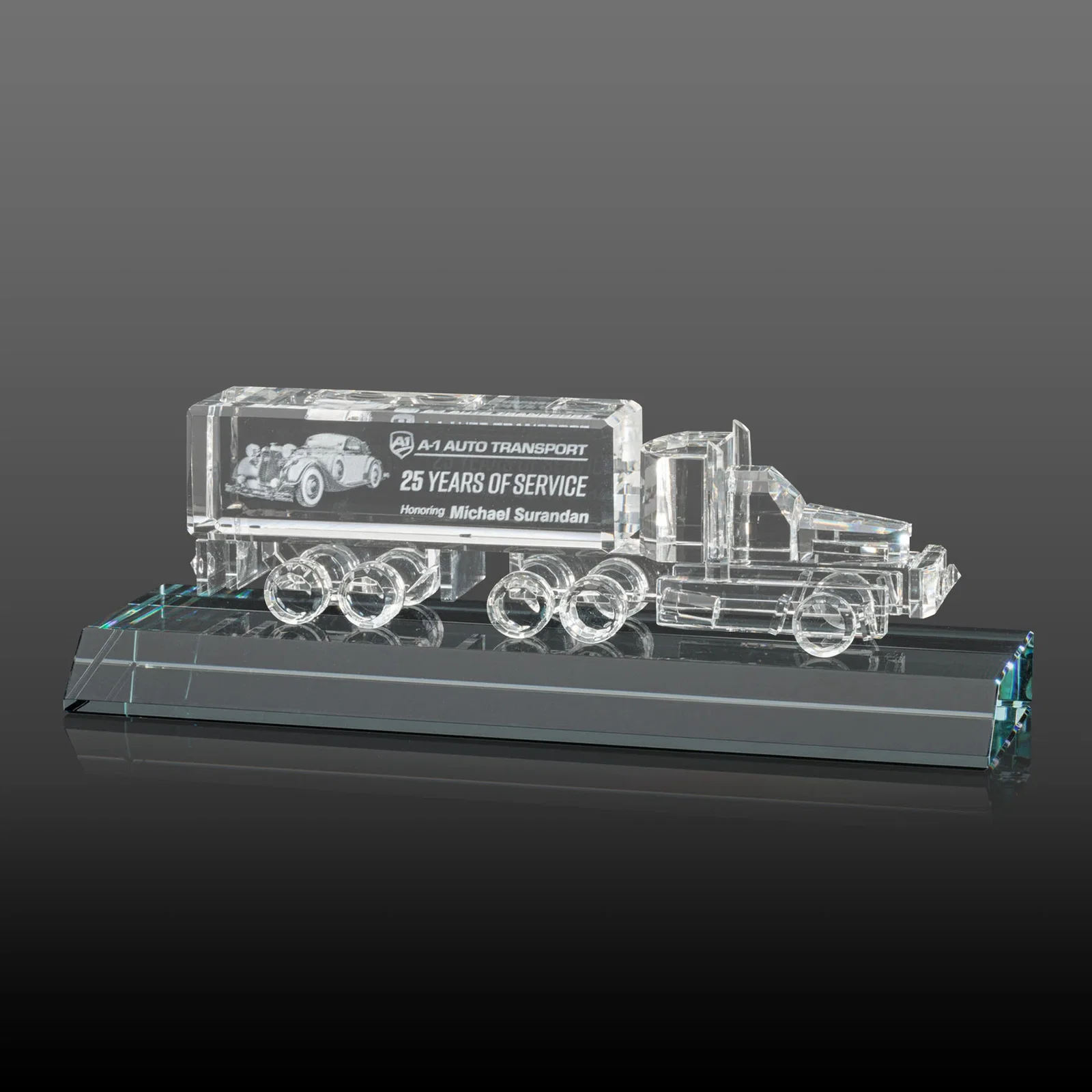 Custom 3D Etched Optical Crystal 18 Wheeler Truck Award on Starfire Base for service anniversary gifts