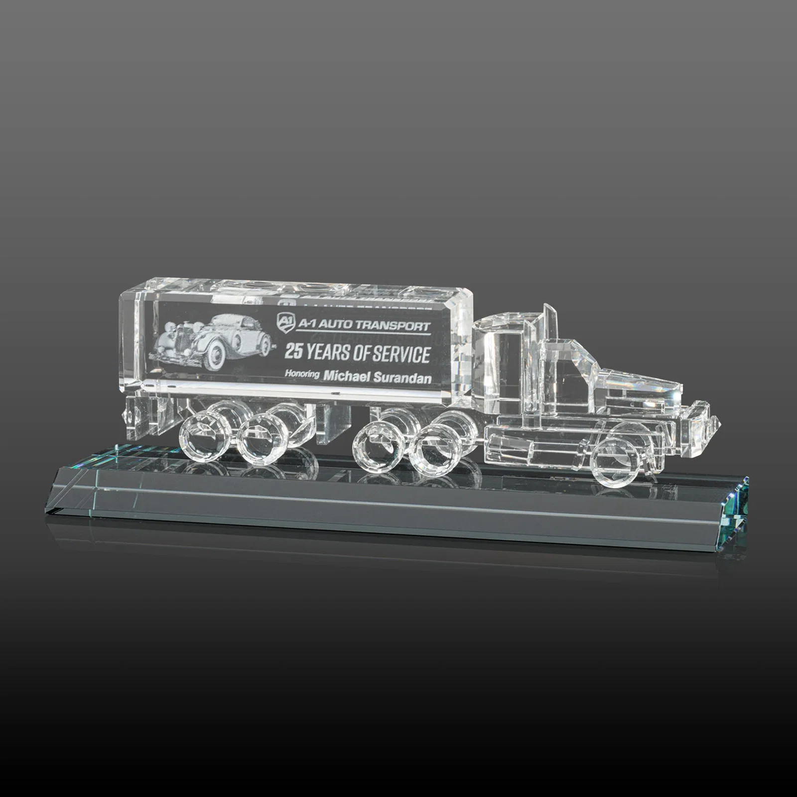 Custom 3D Etched Optical Crystal 18 Wheeler Truck Award on Starfire Base for sales achievement awards