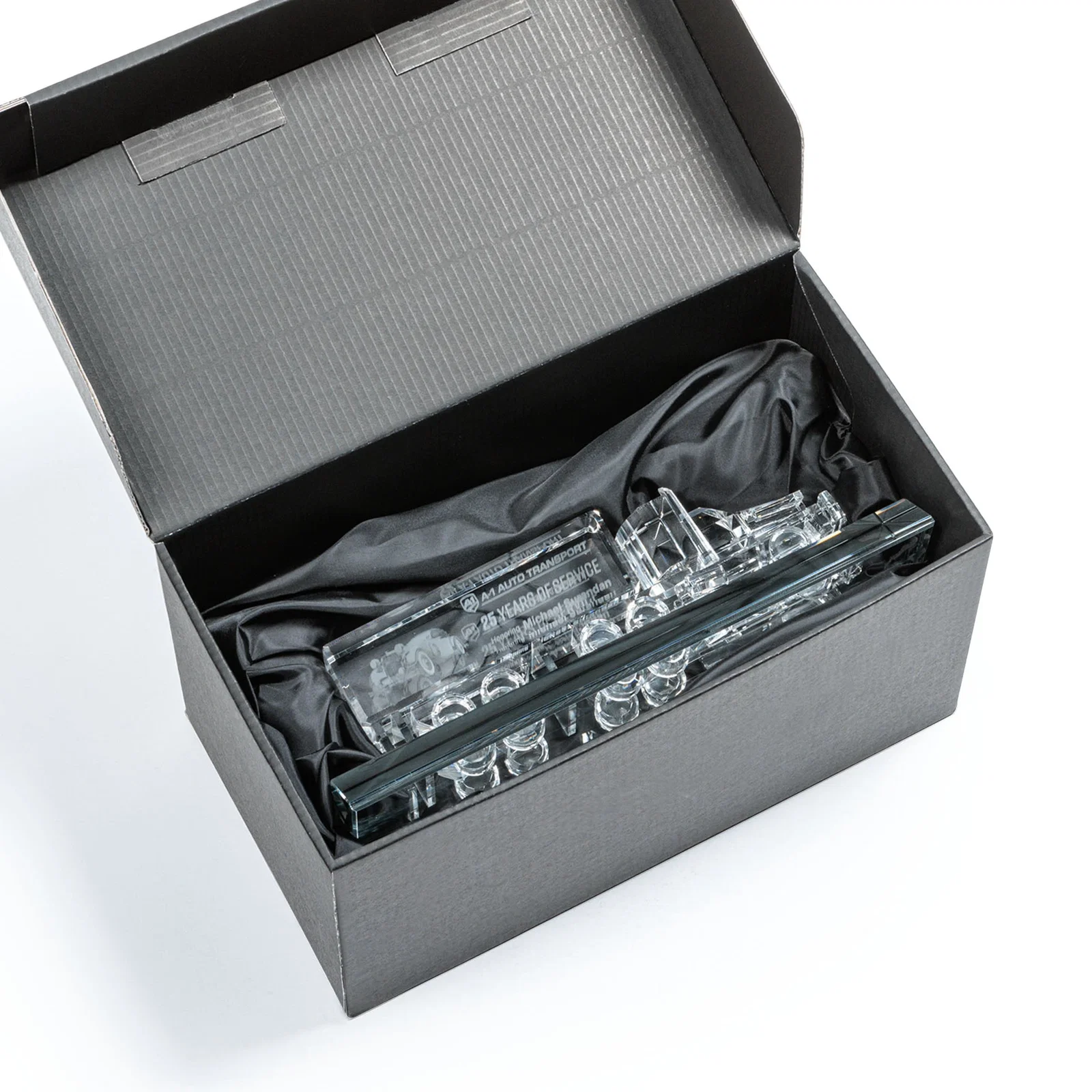 Custom 3D Etched Optical Crystal 18 Wheeler Truck Award on Starfire Base for retirement presentations