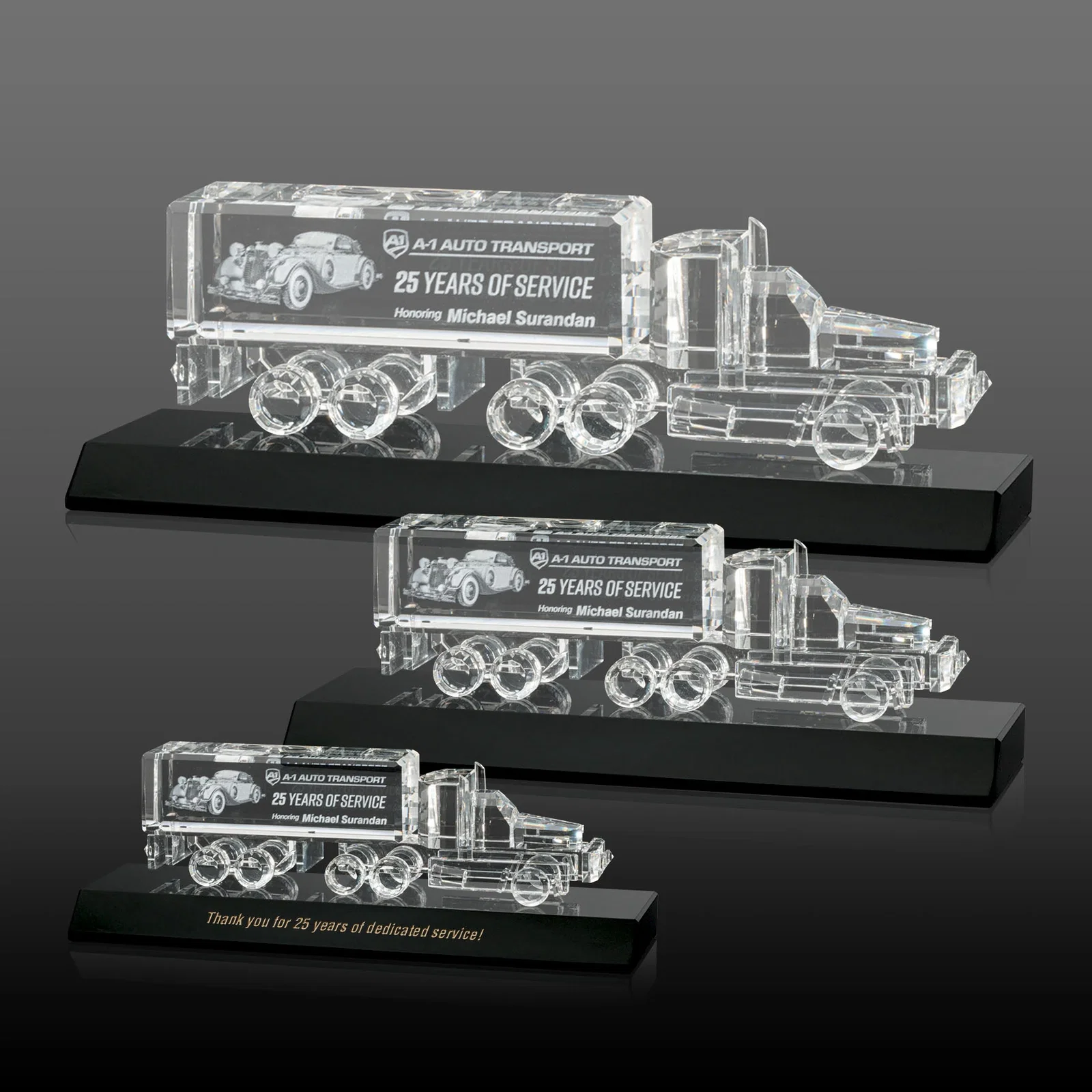 Custom 3D Etched Optical Crystal 18 Wheeler Truck Award on Starfire Base for team milestone celebrations