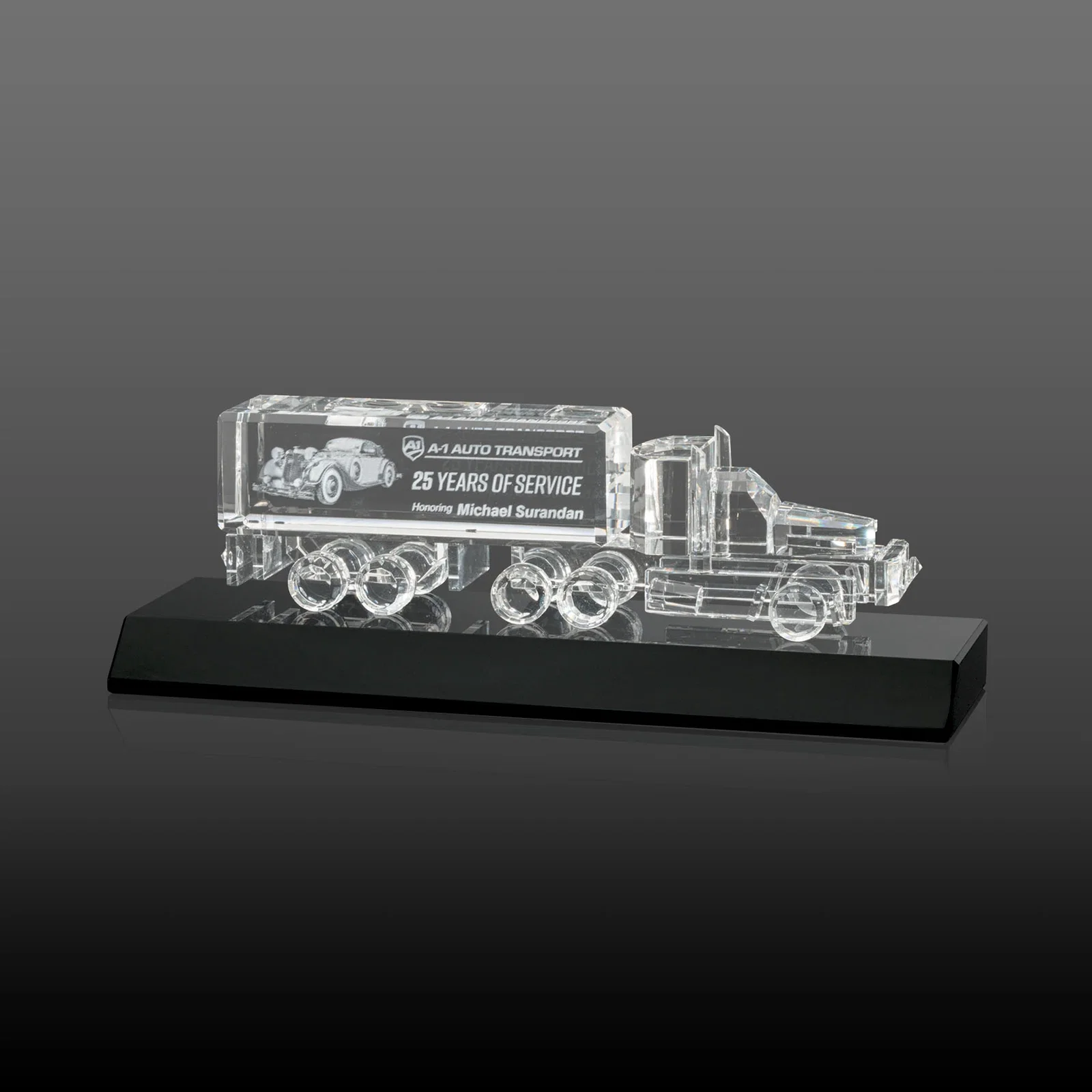 Custom 3D Etched Optical Crystal 18 Wheeler Truck Award on Starfire Base for donor appreciation