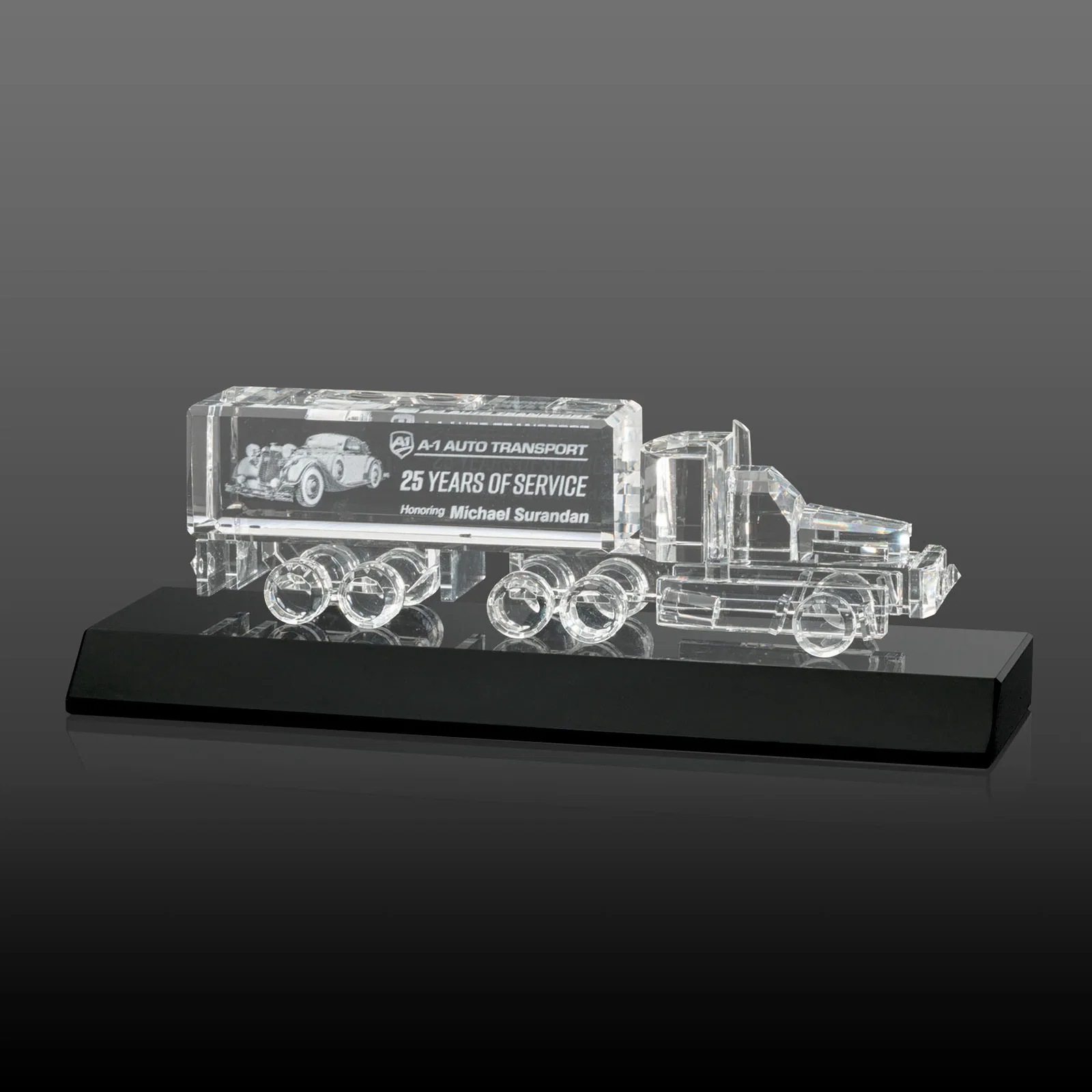 Custom 3D Etched Optical Crystal 18 Wheeler Truck Award on Starfire Base for graduation ceremonies