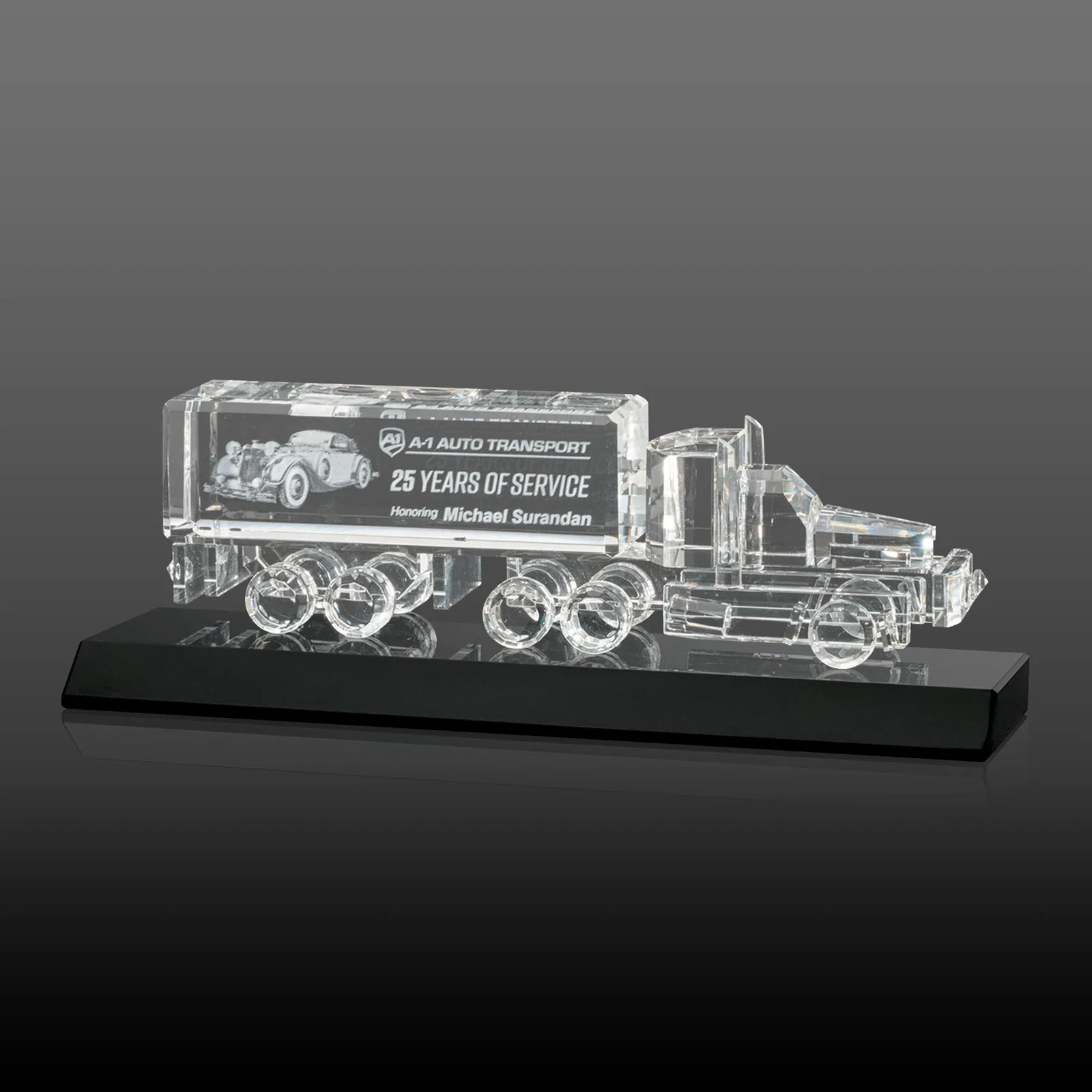 Custom 3D Etched Optical Crystal 18 Wheeler Truck Award on Starfire Base for safety achievement programs