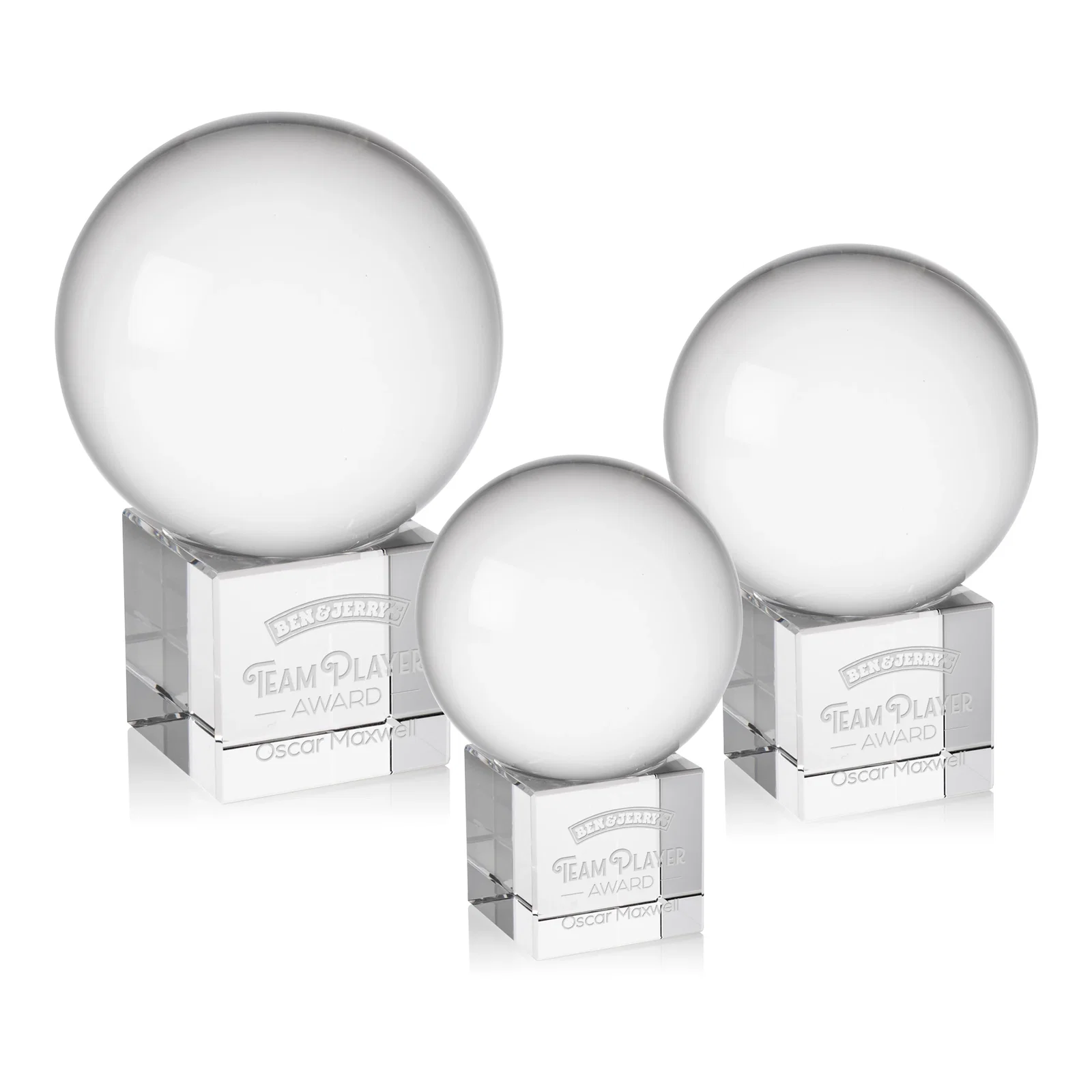 Custom Rotating Crystal Sphere Award on Cube Base, 3.5"-5.5", client appreciation gift for employee recognition