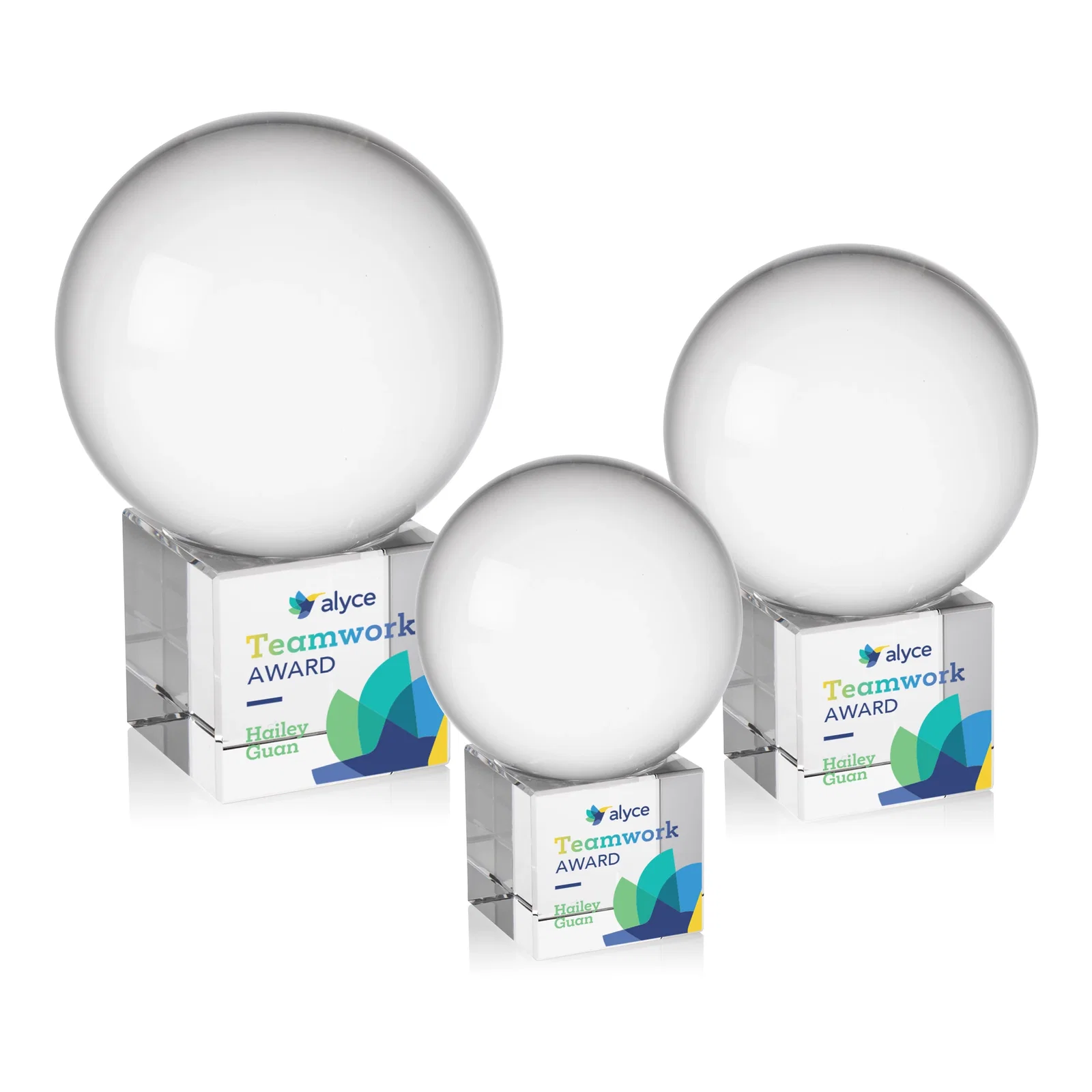 Custom Rotating Crystal Sphere Award on Cube Base, 3.5"-5.5", client appreciation gift for graduation ceremonies
