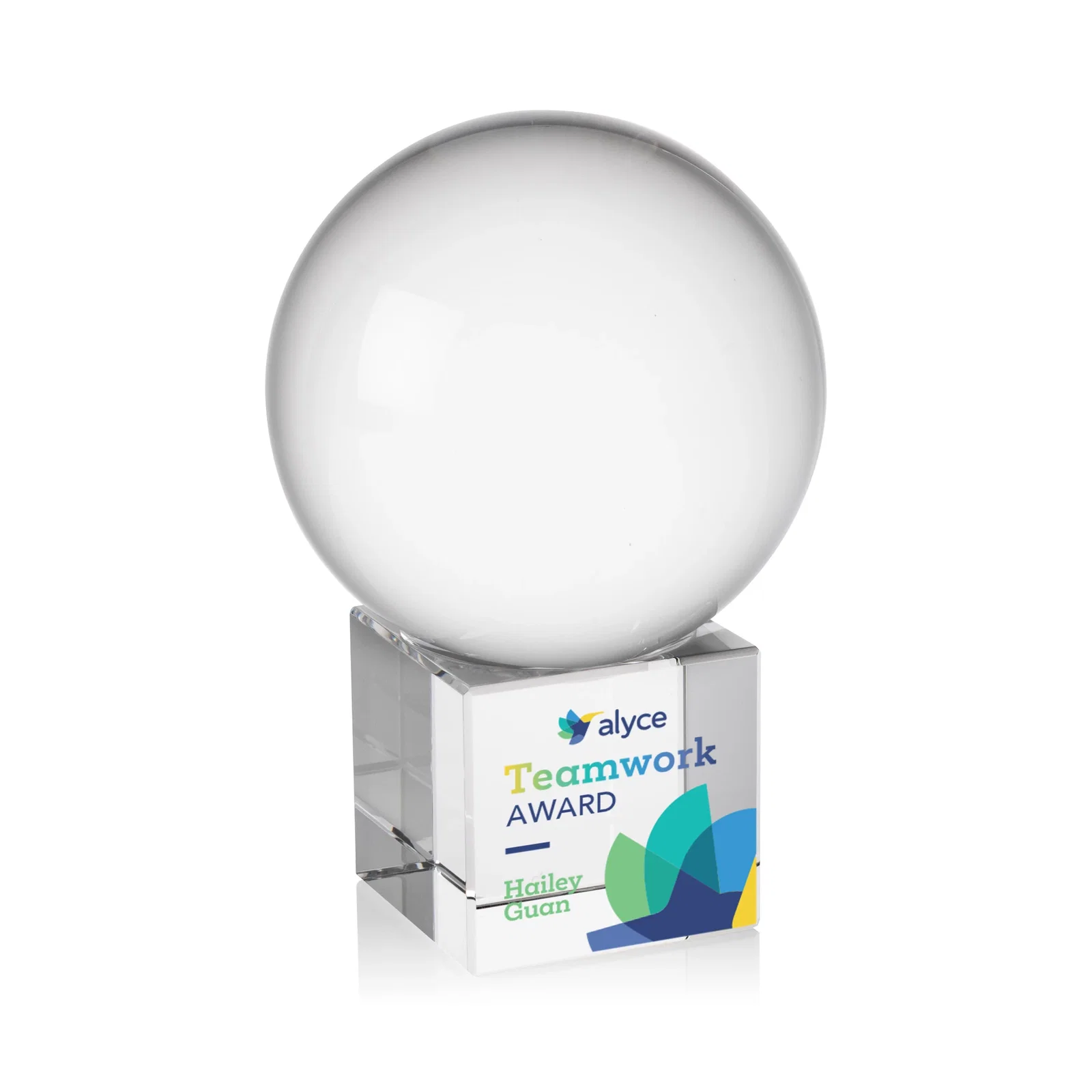 Custom Rotating Crystal Sphere Award on Cube Base, 3.5"-5.5", client appreciation gift for safety achievement programs