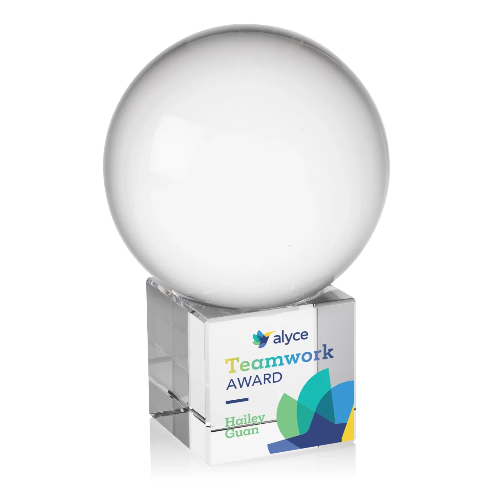 Custom Rotating Crystal Sphere Award on Cube Base, 3.5"-5.5", client appreciation gift for dealer and partner awards