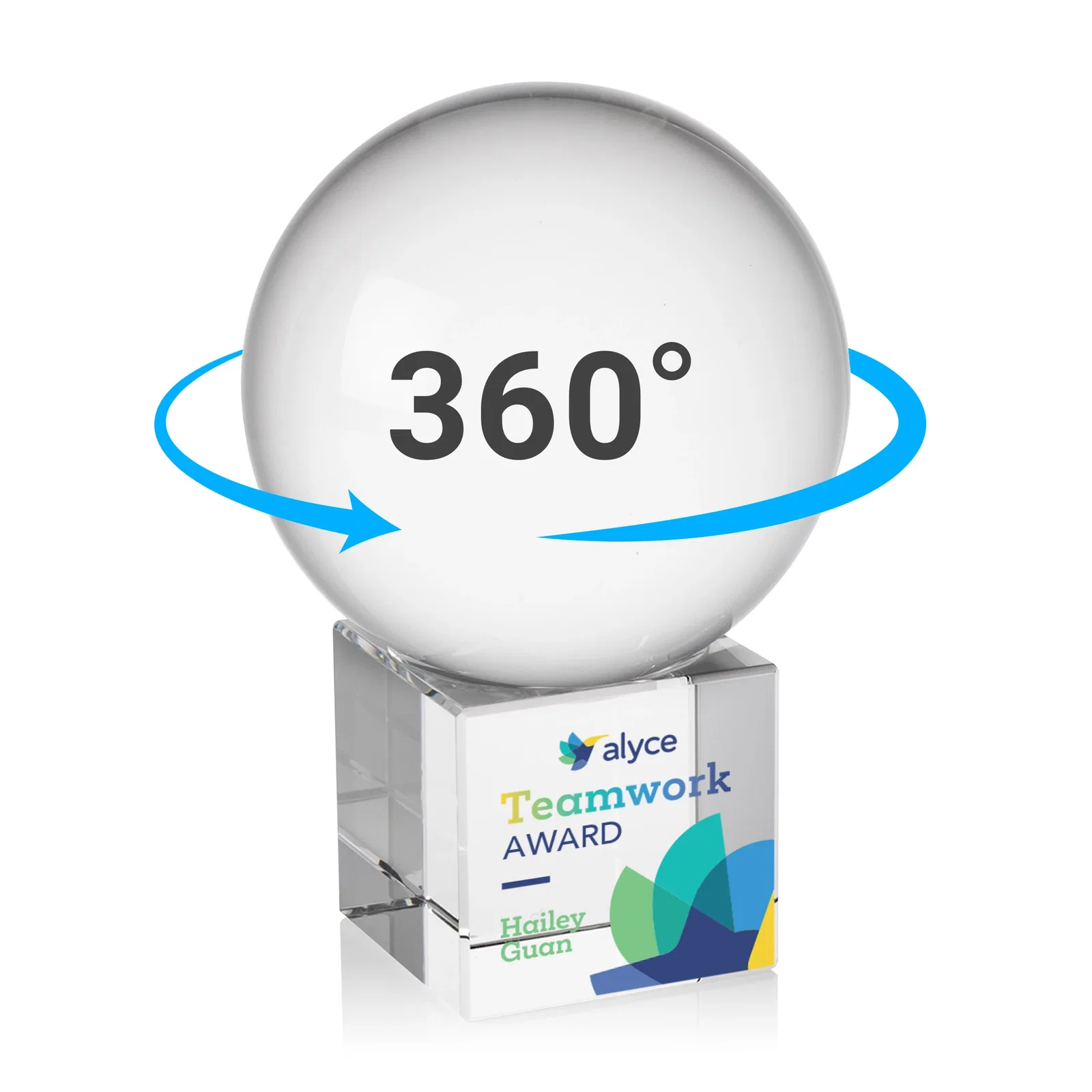 Custom Rotating Crystal Sphere Award on Cube Base, 3.5"-5.5", client appreciation gift for company anniversary events