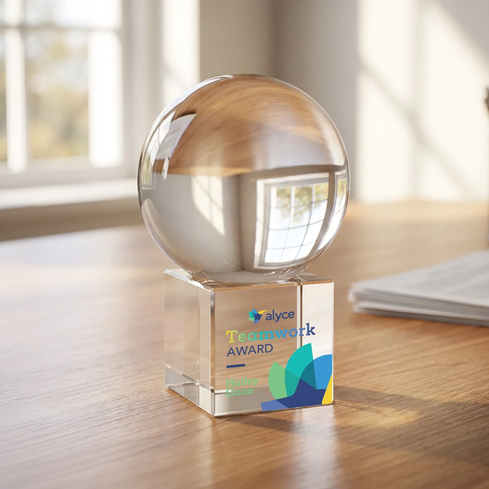 Personalized Rotating Crystal Sphere Award on Cube Base, 3.5"-5.5", client appreciation gift for employee recognition