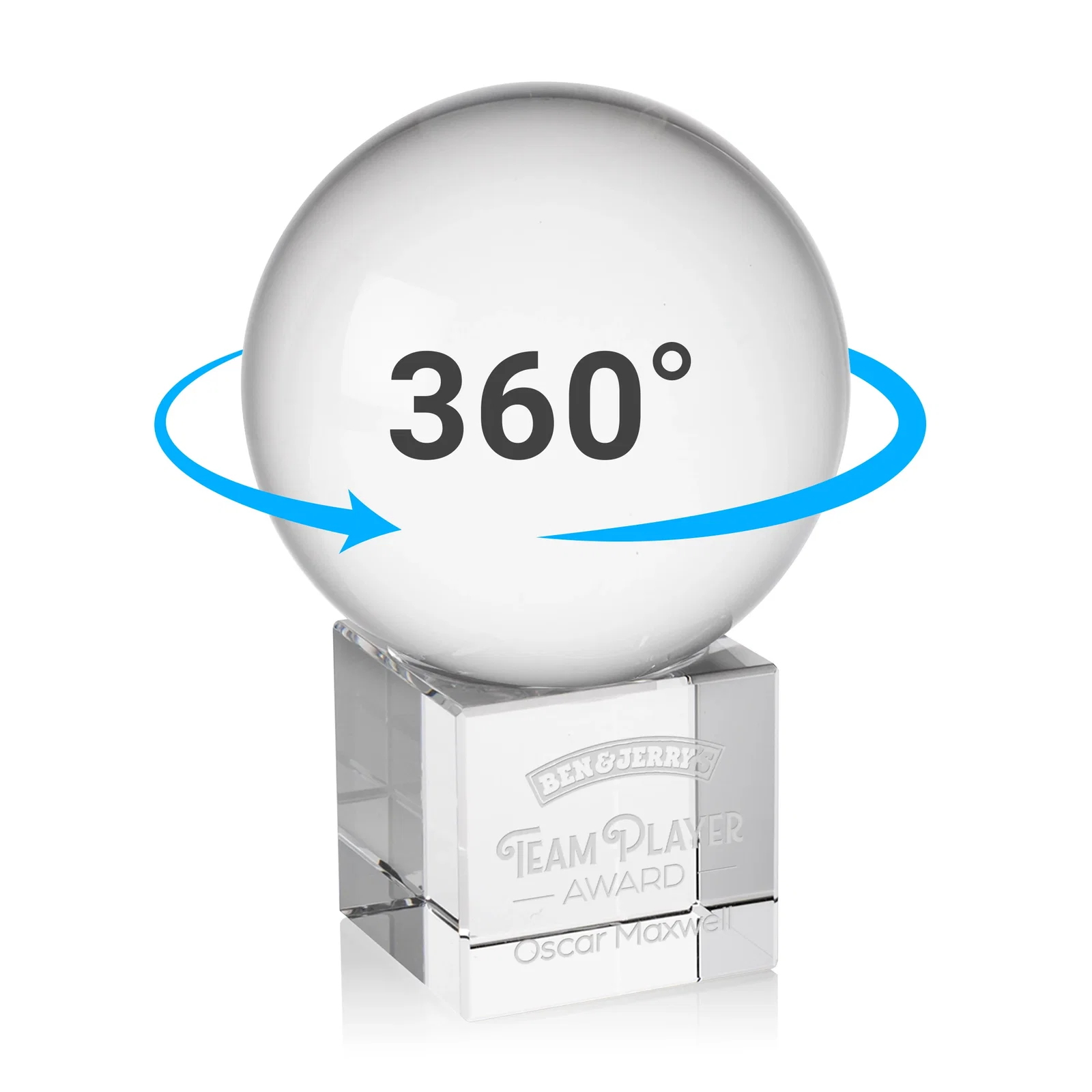 Custom Rotating Crystal Sphere Award on Cube Base, 3.5"-5.5", client appreciation gift for retirement presentations