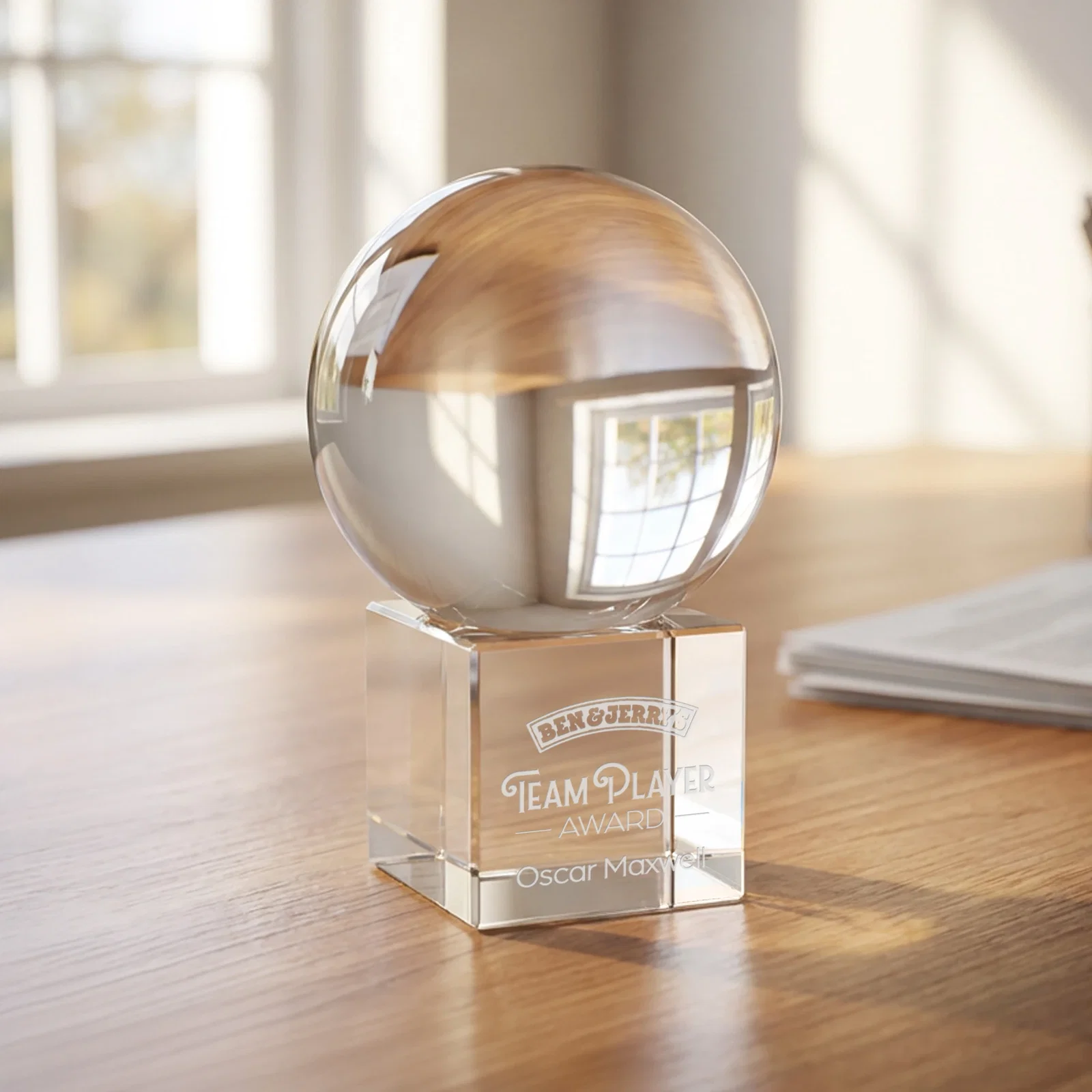 Custom Rotating Crystal Sphere Award on Cube Base, 3.5"-5.5", client appreciation gift for team milestone celebrations