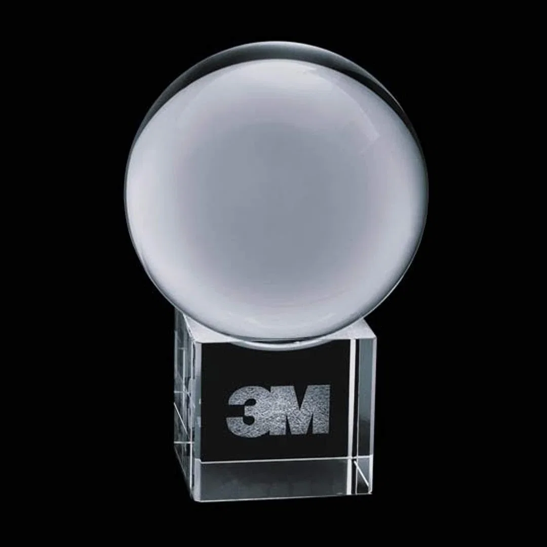 Custom Rotating Crystal Sphere Award on Cube Base, 3.5"-5.5", client appreciation gift for donor appreciation