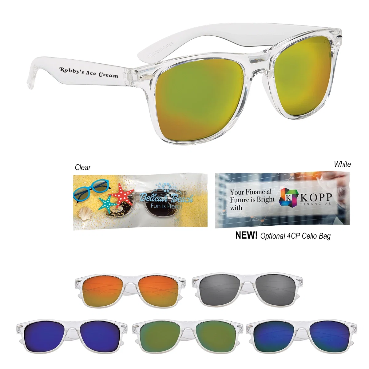 Malibu sunglasses shown front on with clear frames and mirrored lenses