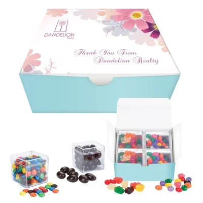 Set of four candy cubes packed in a white box