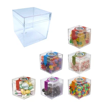 Two-inch clear acrylic cube container filled with candy