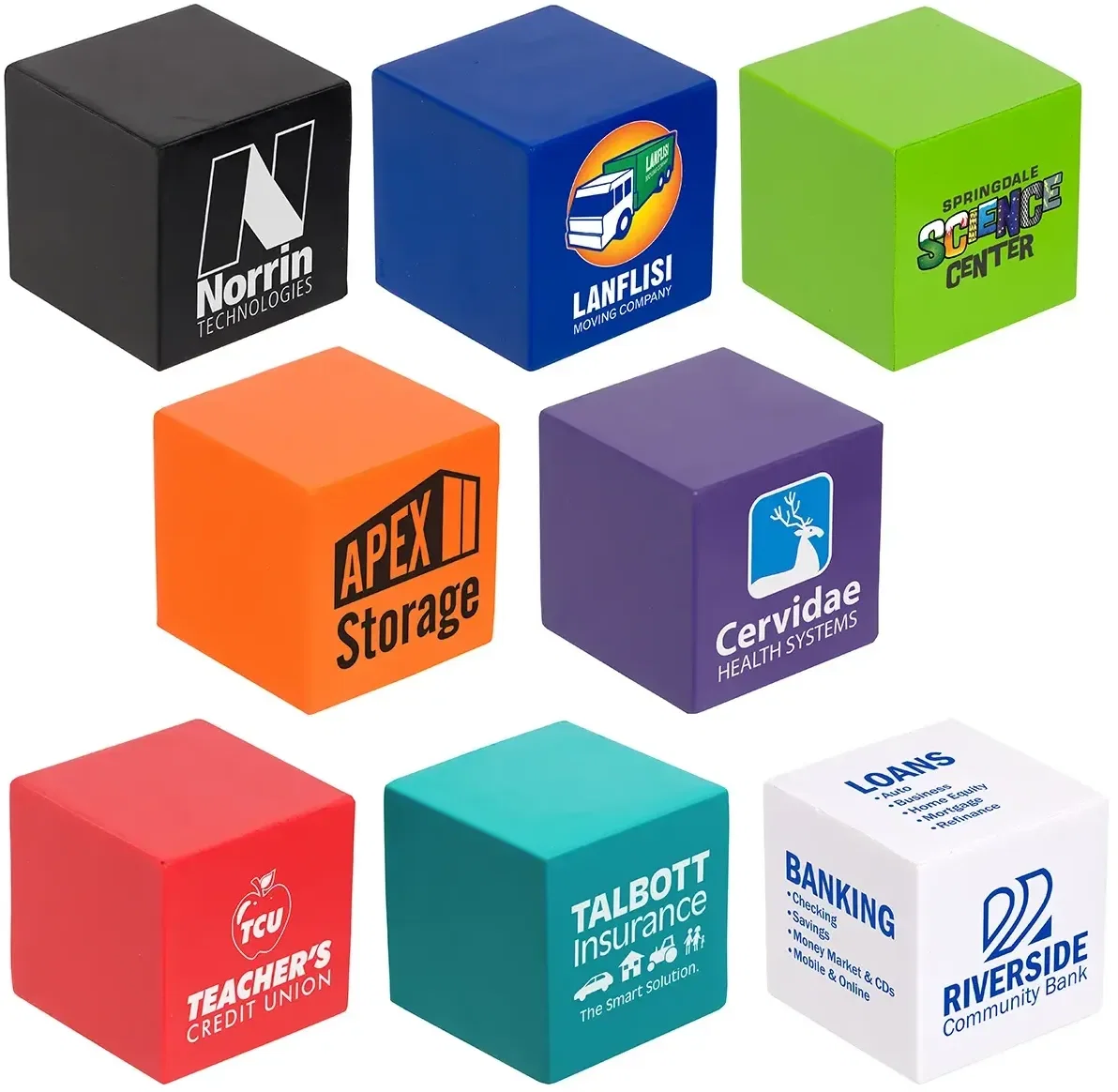 Cube custom stress ball with six flat printable faces, branded tech and corporate promotional logo giveaway, front face
