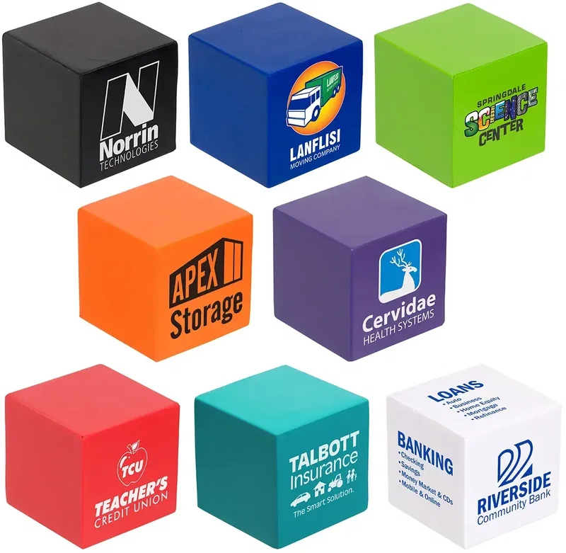 Cube custom stress ball with six flat printable faces, branded tech and corporate promotional logo giveaway, front face