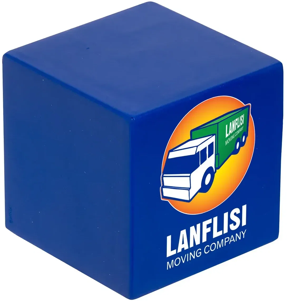 Left-side face of the custom Cube stress reliever, branded corporate promotional multi-message squeeze toy