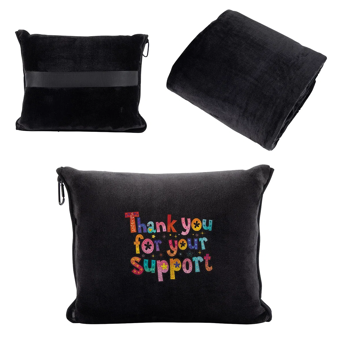 Custom Cuddle Micro Plush Travel Blanket with Attachable Hood, front view of the branded travel blanket