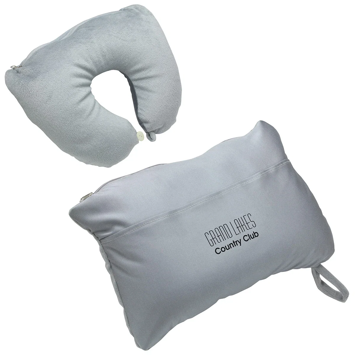 Cuddle Up travel pillow with plush fleece side, micro-bead filling, and non-woven carrying bag