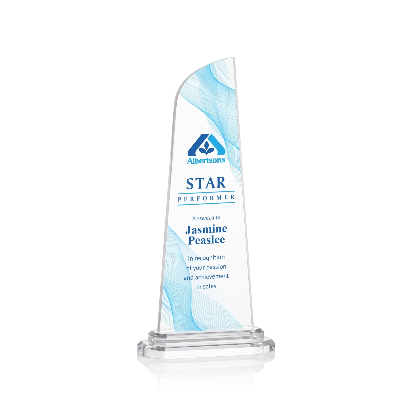 Custom Acrylic Award With Right-Facing Peak on Double-Stepped Base for volunteer appreciation