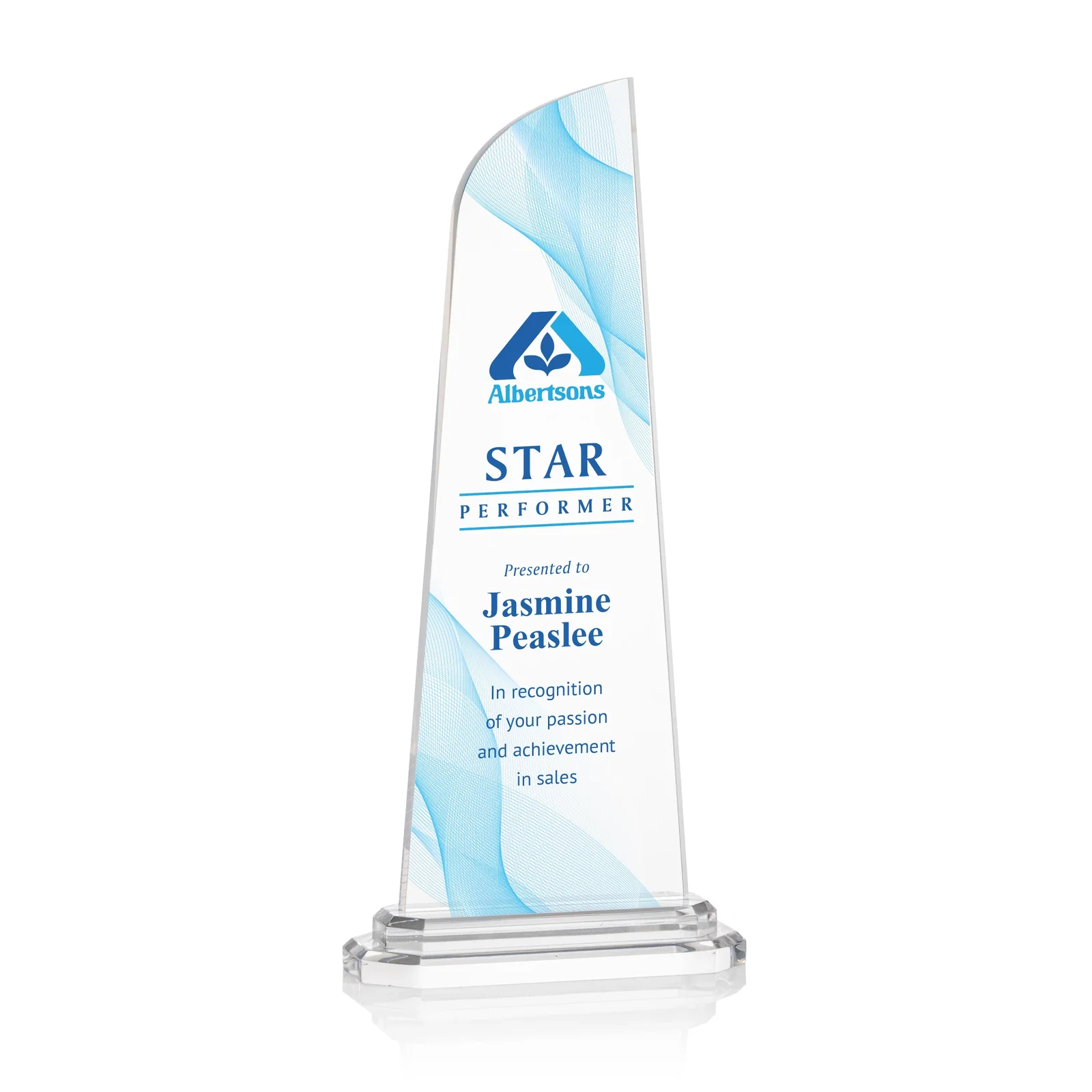 Custom Acrylic Award With Right-Facing Peak on Double-Stepped Base for dealer and partner awards