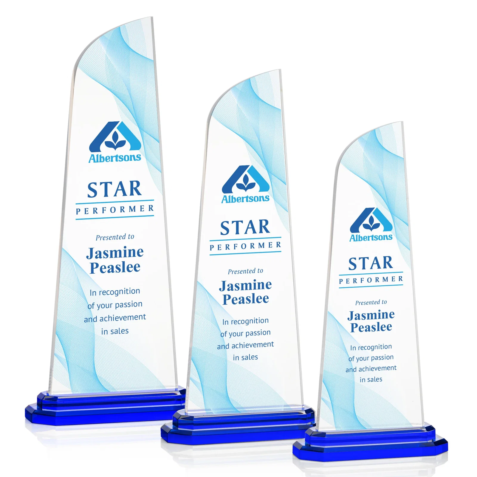 Personalized Acrylic Award With Right-Facing Peak on Double-Stepped Base for employee recognition