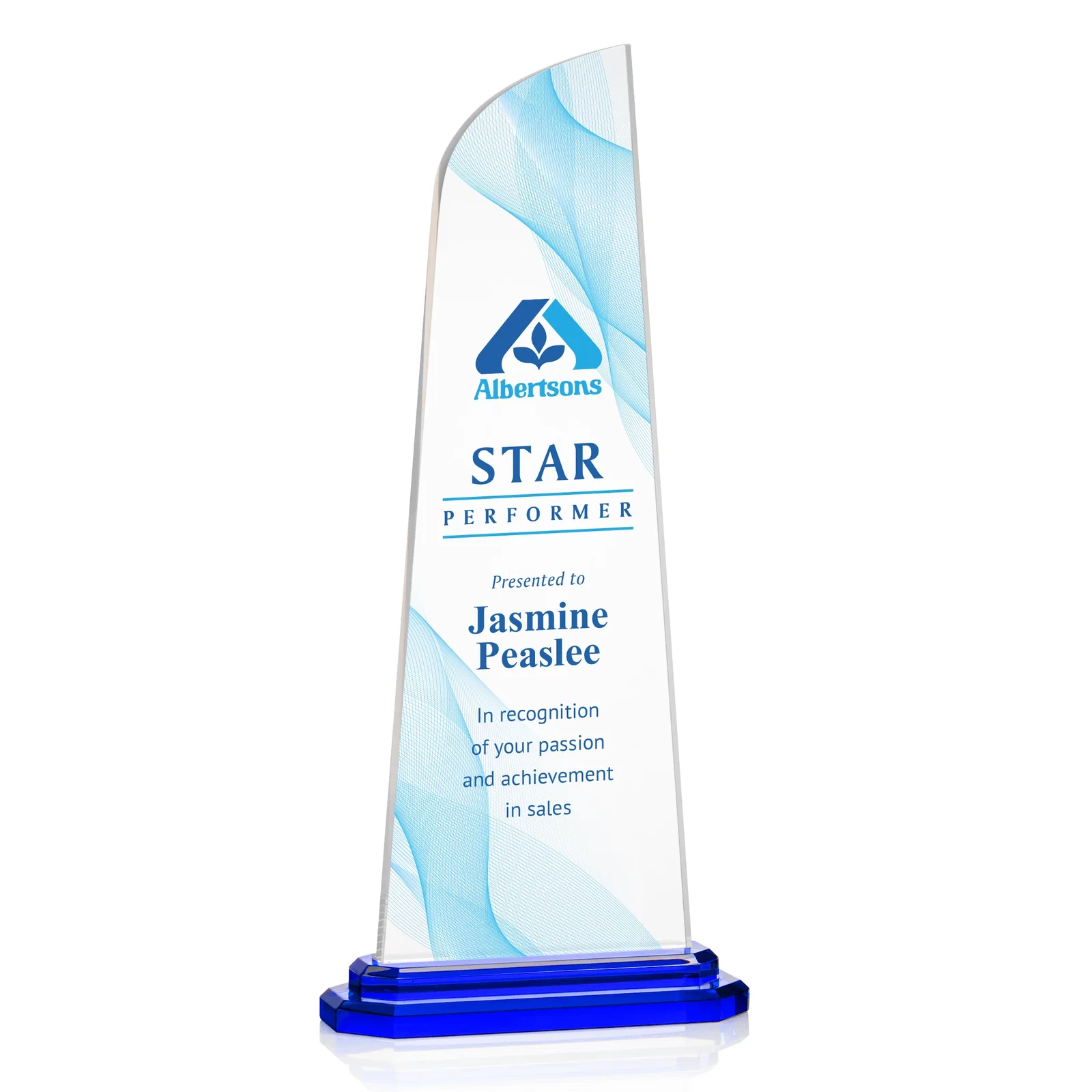 Personalized Acrylic Award With Right-Facing Peak on Double-Stepped Base for sales achievement awards
