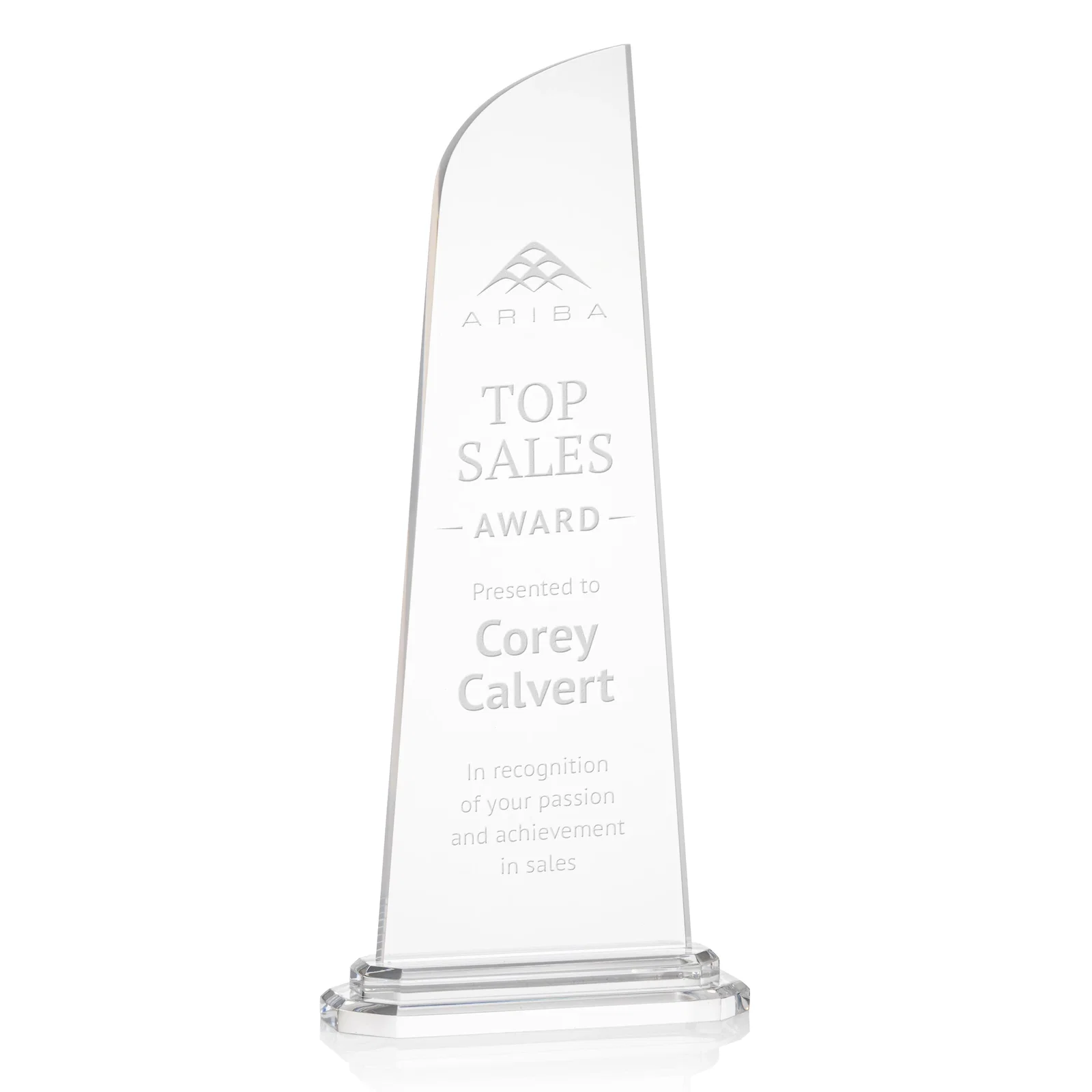 Custom Acrylic Award With Right-Facing Peak on Double-Stepped Base for sales achievement awards