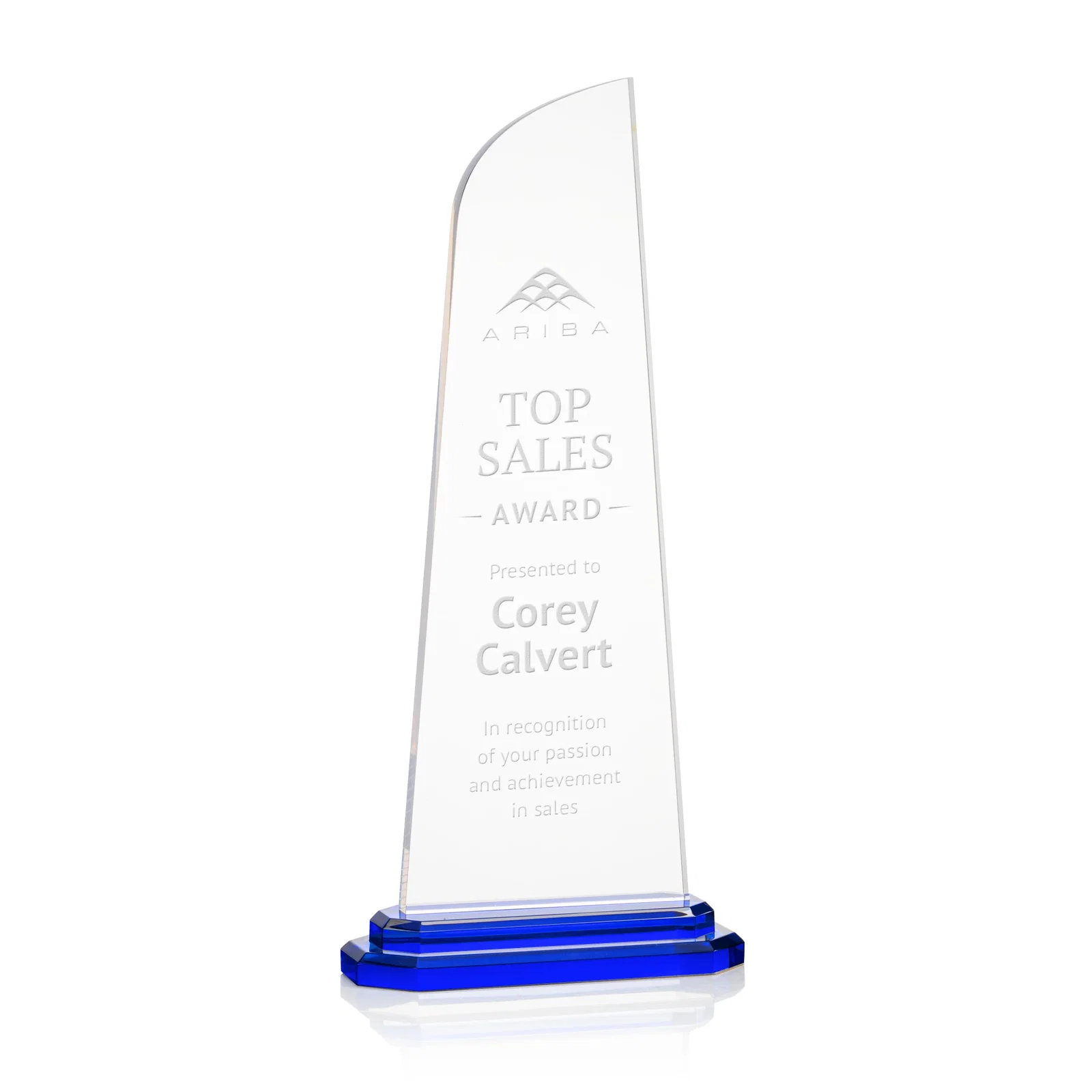 Custom Acrylic Award With Right-Facing Peak on Double-Stepped Base for donor appreciation