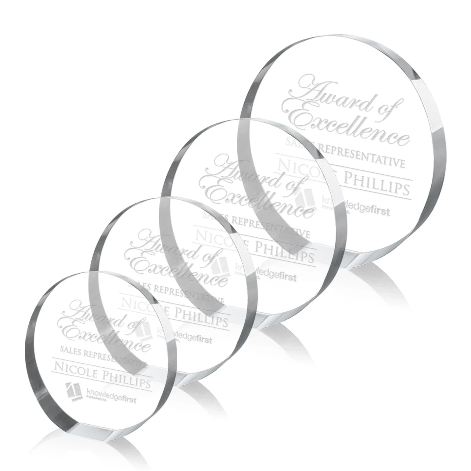 Custom Optical Crystal Circle Award with a Backward-Sloped Face for employee recognition