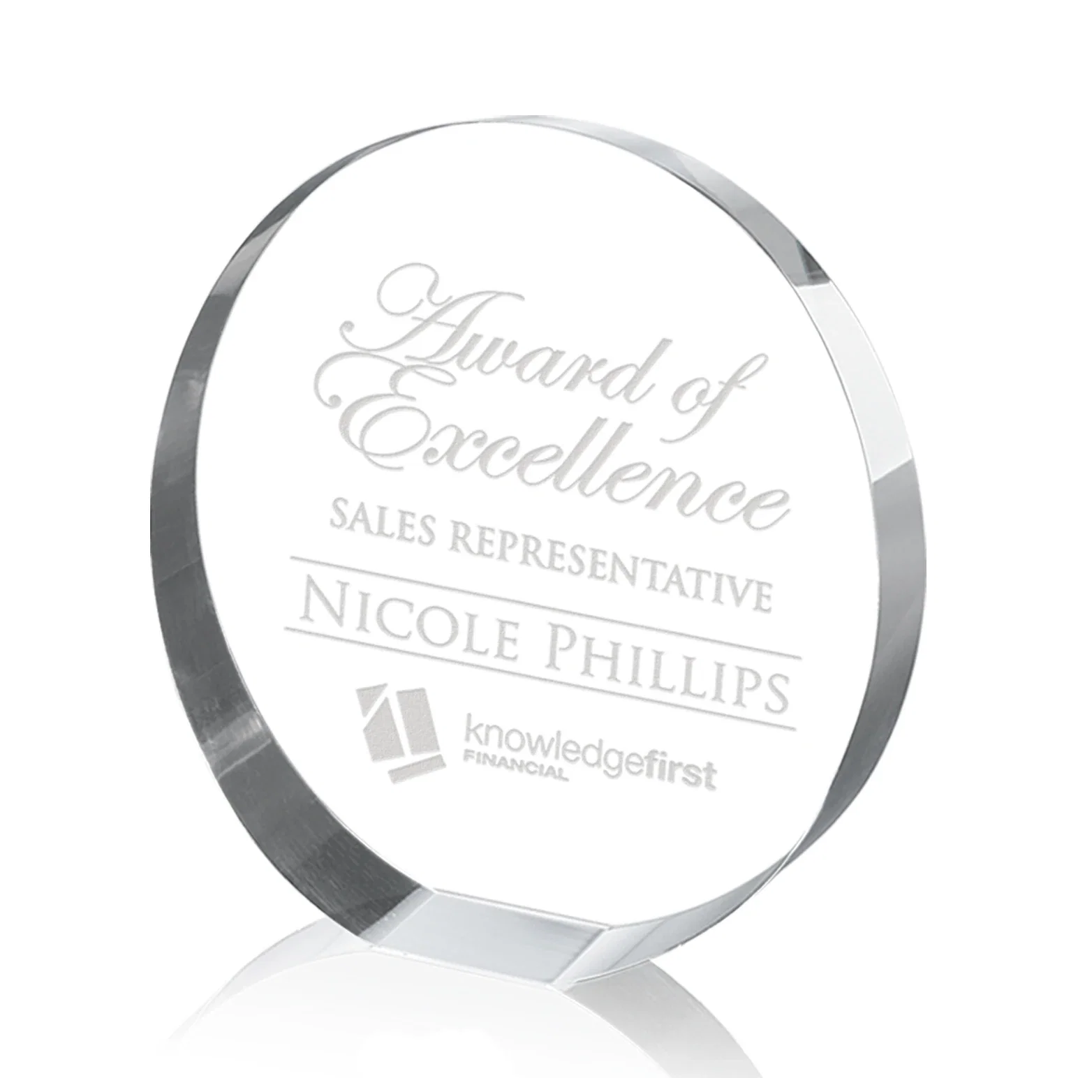 Custom Optical Crystal Circle Award with a Backward-Sloped Face for corporate award ceremonies