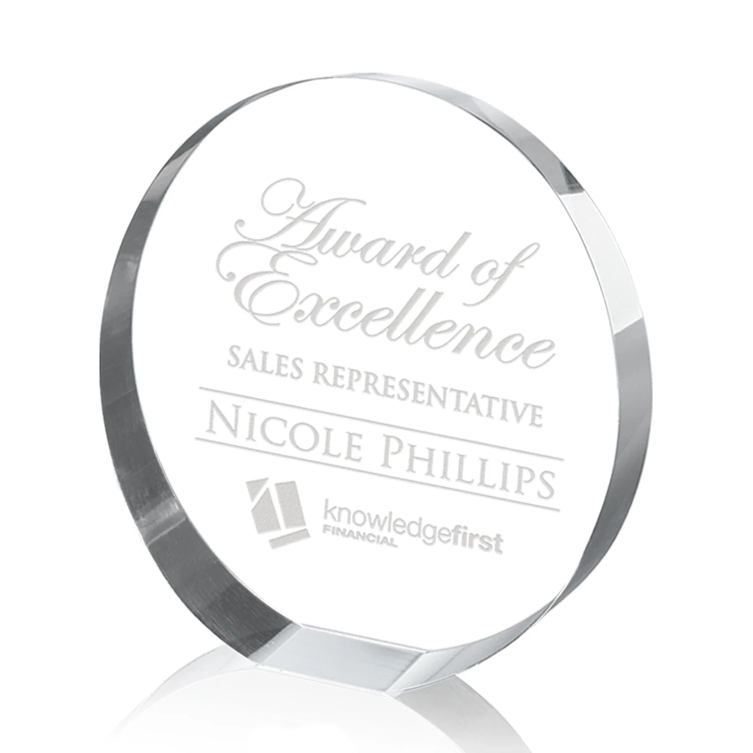 Custom Optical Crystal Circle Award with a Backward-Sloped Face for service anniversary gifts