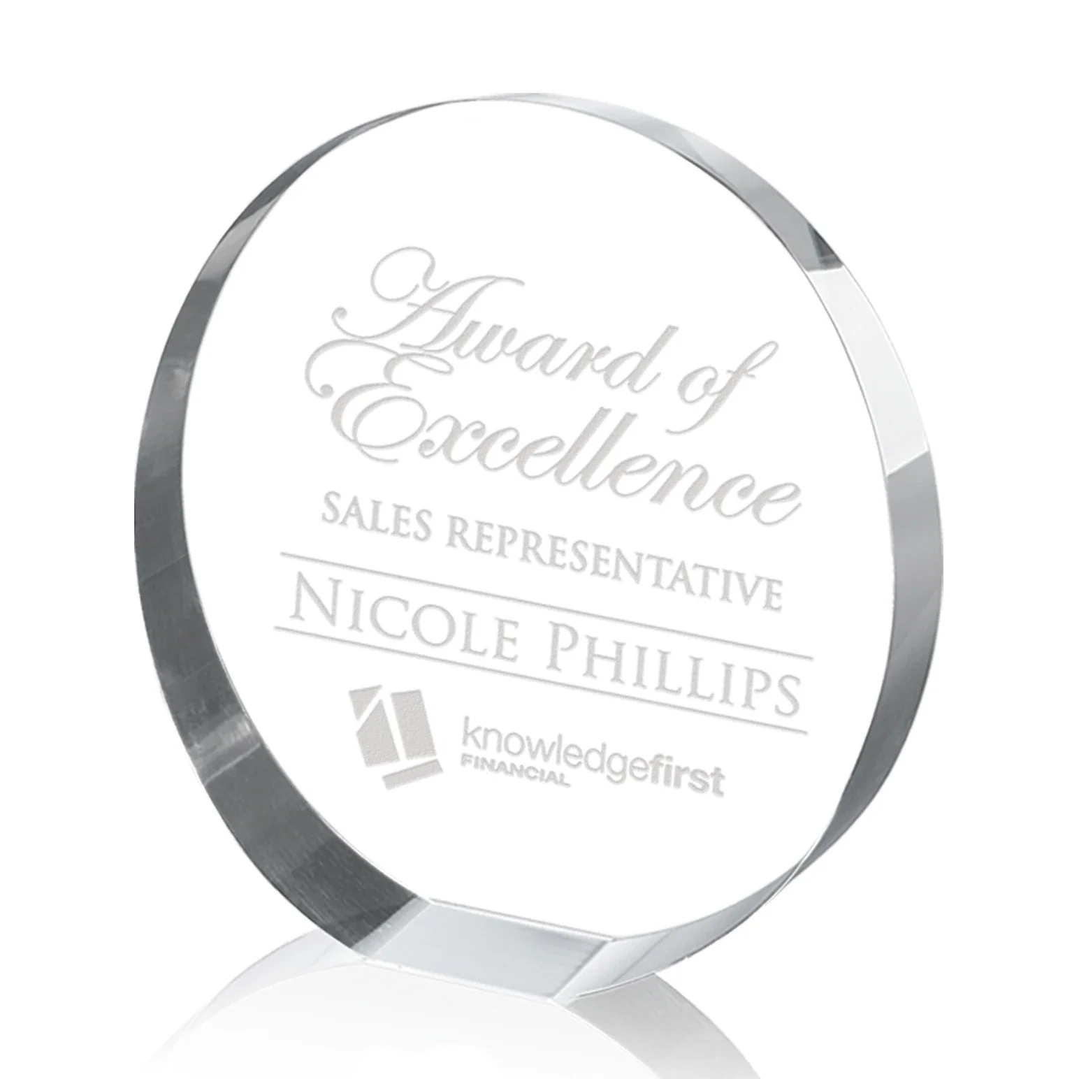 Custom Optical Crystal Circle Award with a Backward-Sloped Face for sales achievement awards