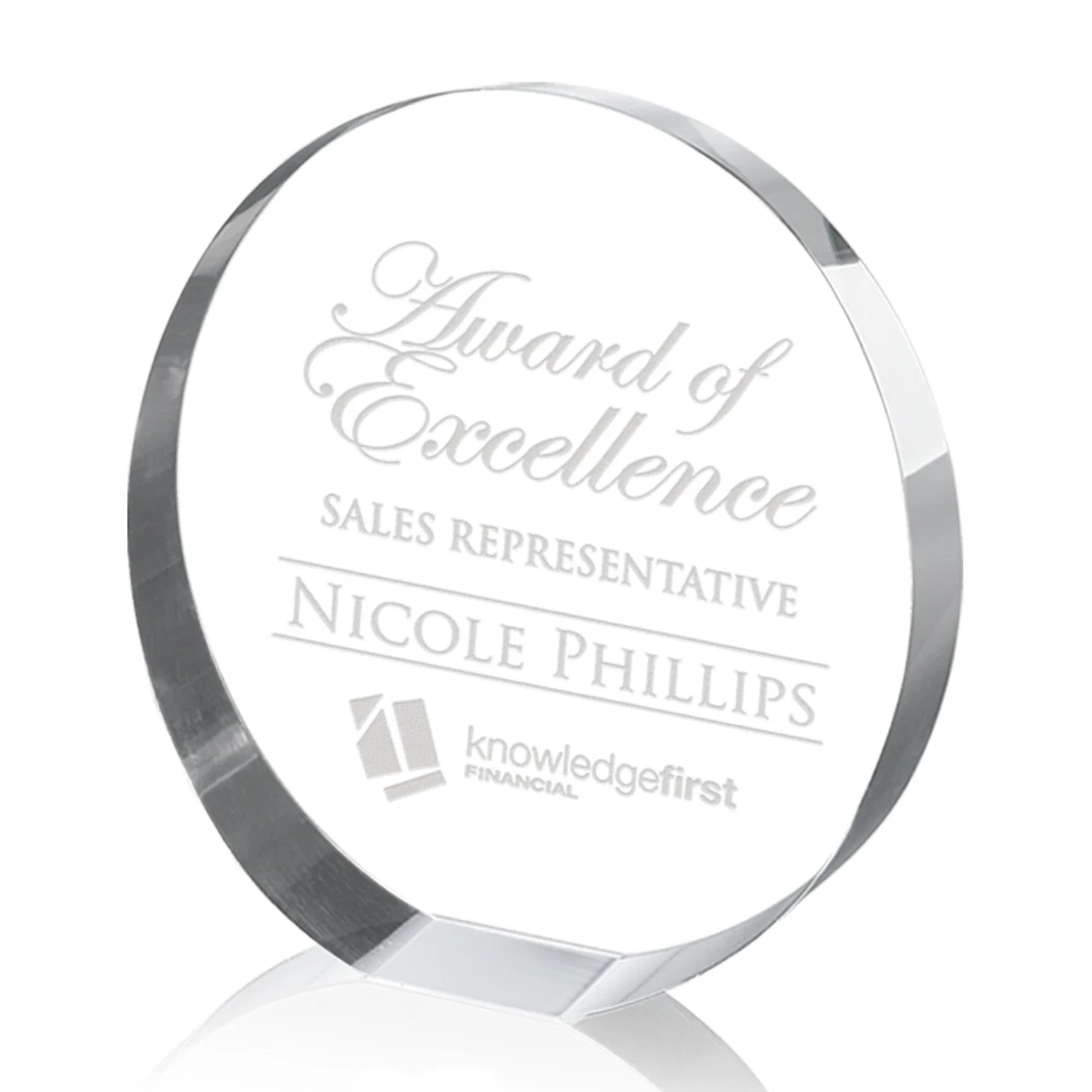 Custom Optical Crystal Circle Award with a Backward-Sloped Face for retirement presentations