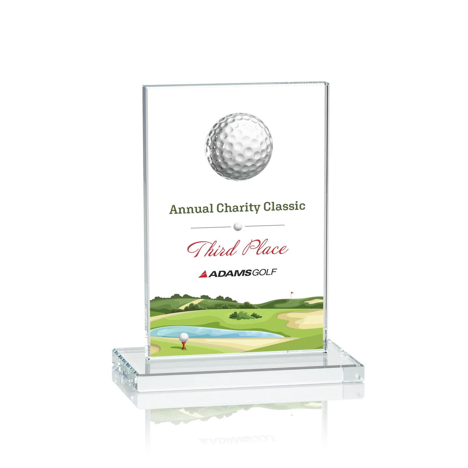 Custom Starfire Crystal Award with 3D Golf Ball on Clear Base for volunteer appreciation