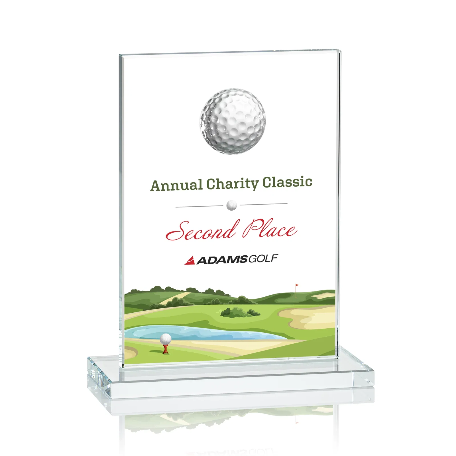 Custom Starfire Crystal Award with 3D Golf Ball on Clear Base for dealer and partner awards
