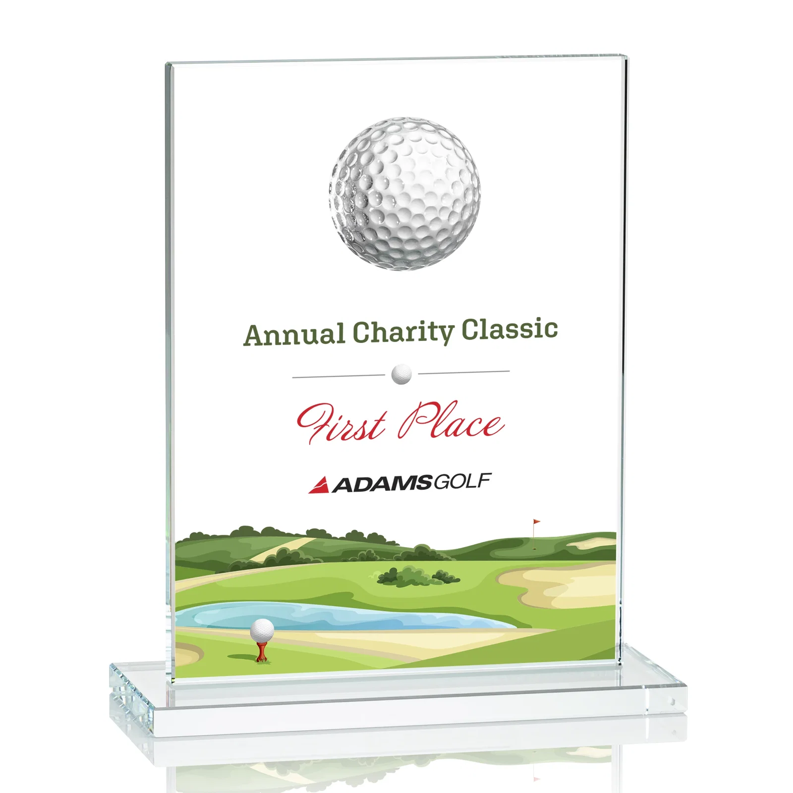 Custom Starfire Crystal Award with 3D Golf Ball on Clear Base for company anniversary events