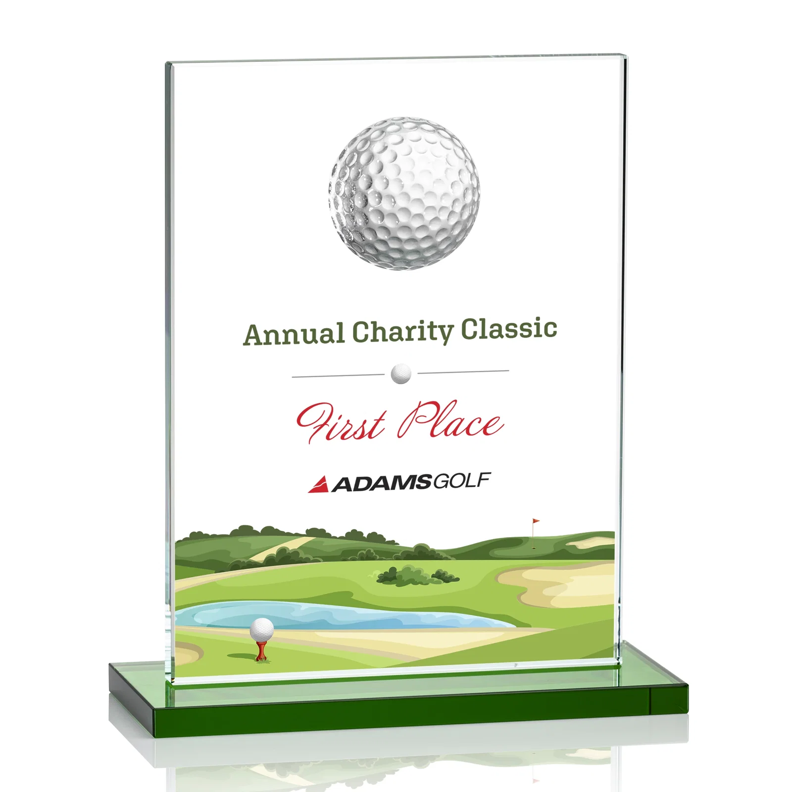 Personalized Starfire Crystal Award with 3D Golf Ball on Clear Base for sales achievement awards