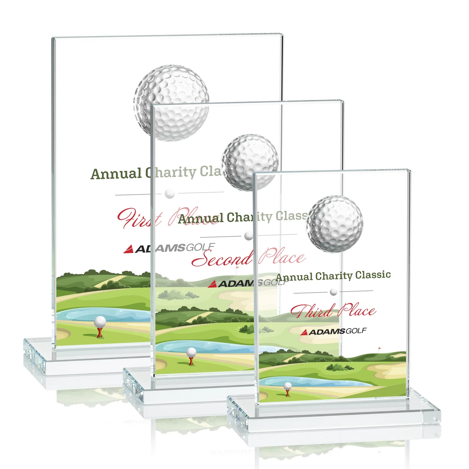 Custom Starfire Crystal Award with 3D Golf Ball on Clear Base for safety achievement programs