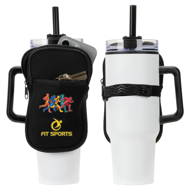 Cup Caddy Zippered Pouch carried by its handle, lifestyle shot