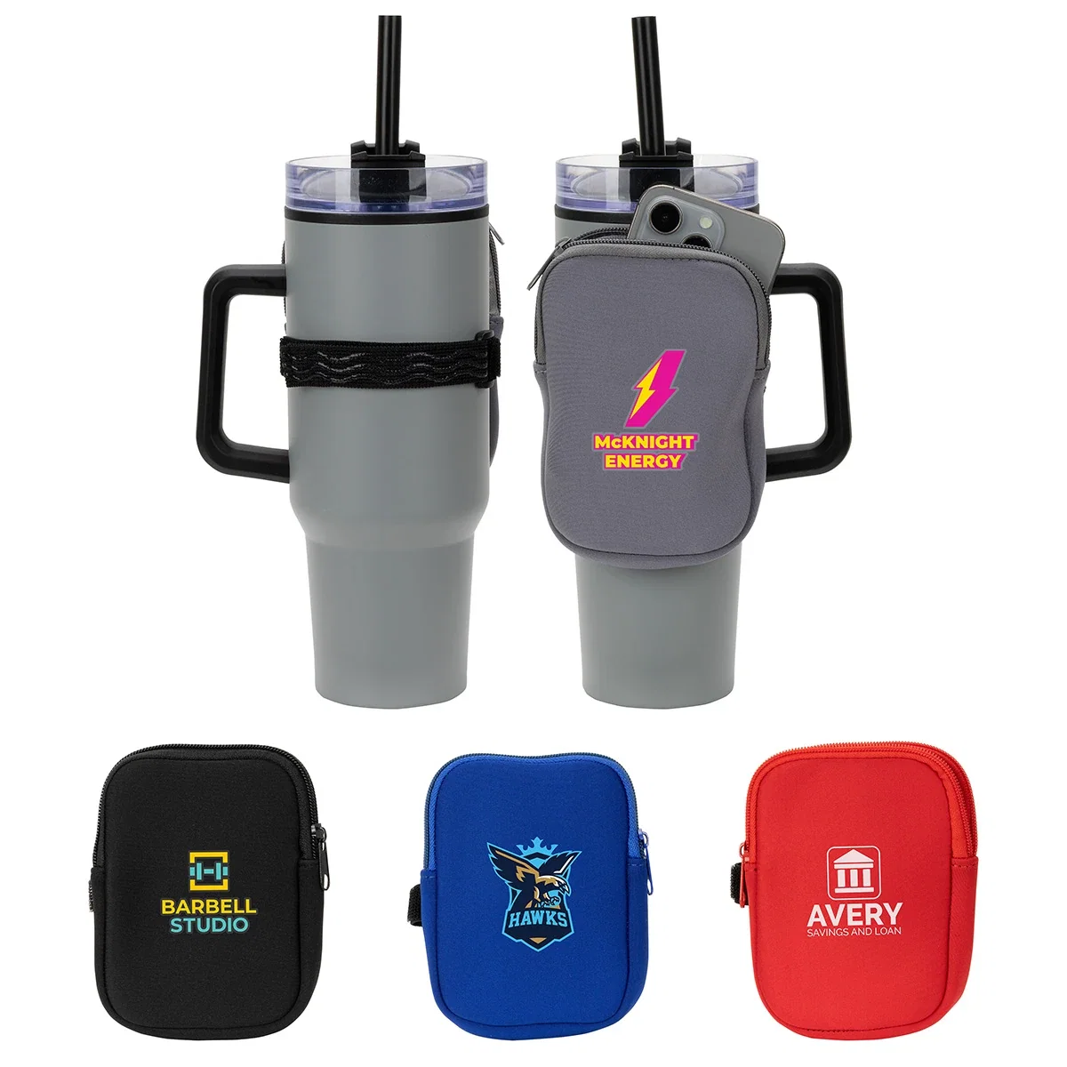 Custom Cup Cadet Zippered Pouch, front view of the branded pouch
