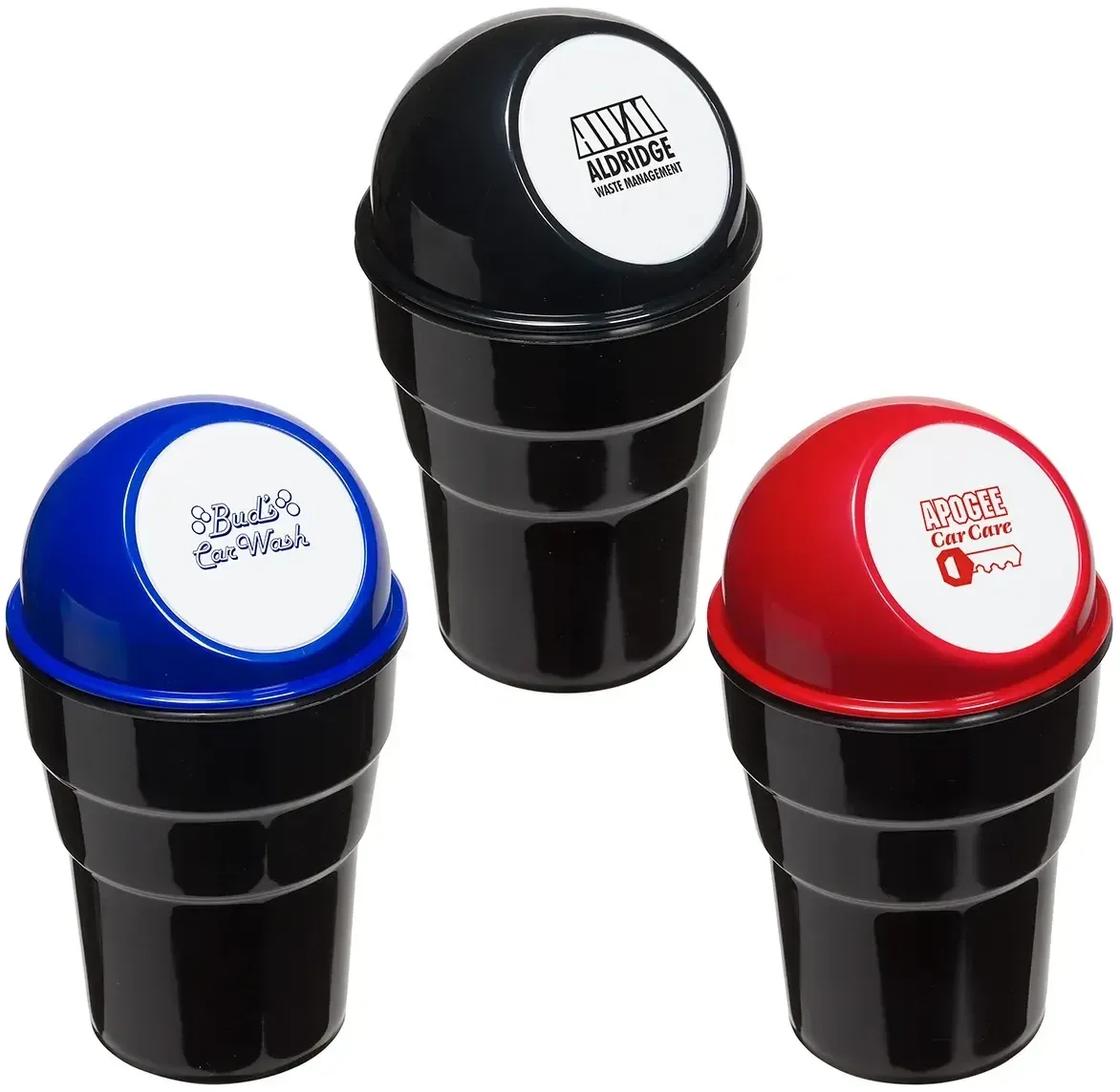 Custom Cup Holder Car Trash Can, branded auto accessory mini bin sized to drop into a vehicle cup holder, front view