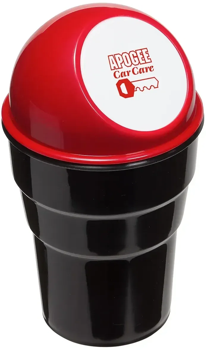 Branded Cup Holder Car Trash Can shown from the side, promotional mini car caddy for collecting wrappers and receipts