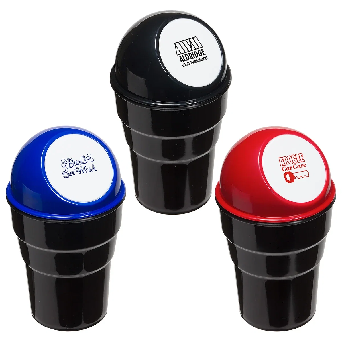 Promotional Cup Holder Car Trash Can placed in a vehicle cup holder, branded auto caddy lifestyle shot