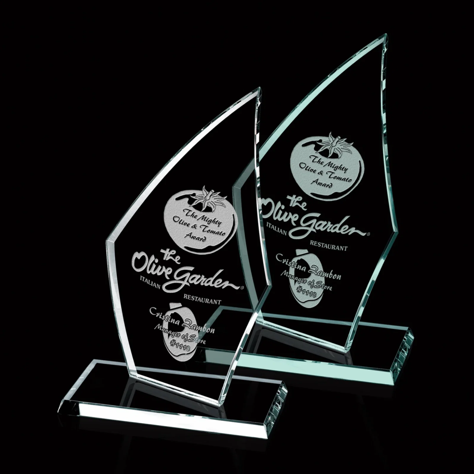 Custom Curved-Back Jade Glass Arrowhead Award, 3/8 Inch Panel for employee recognition