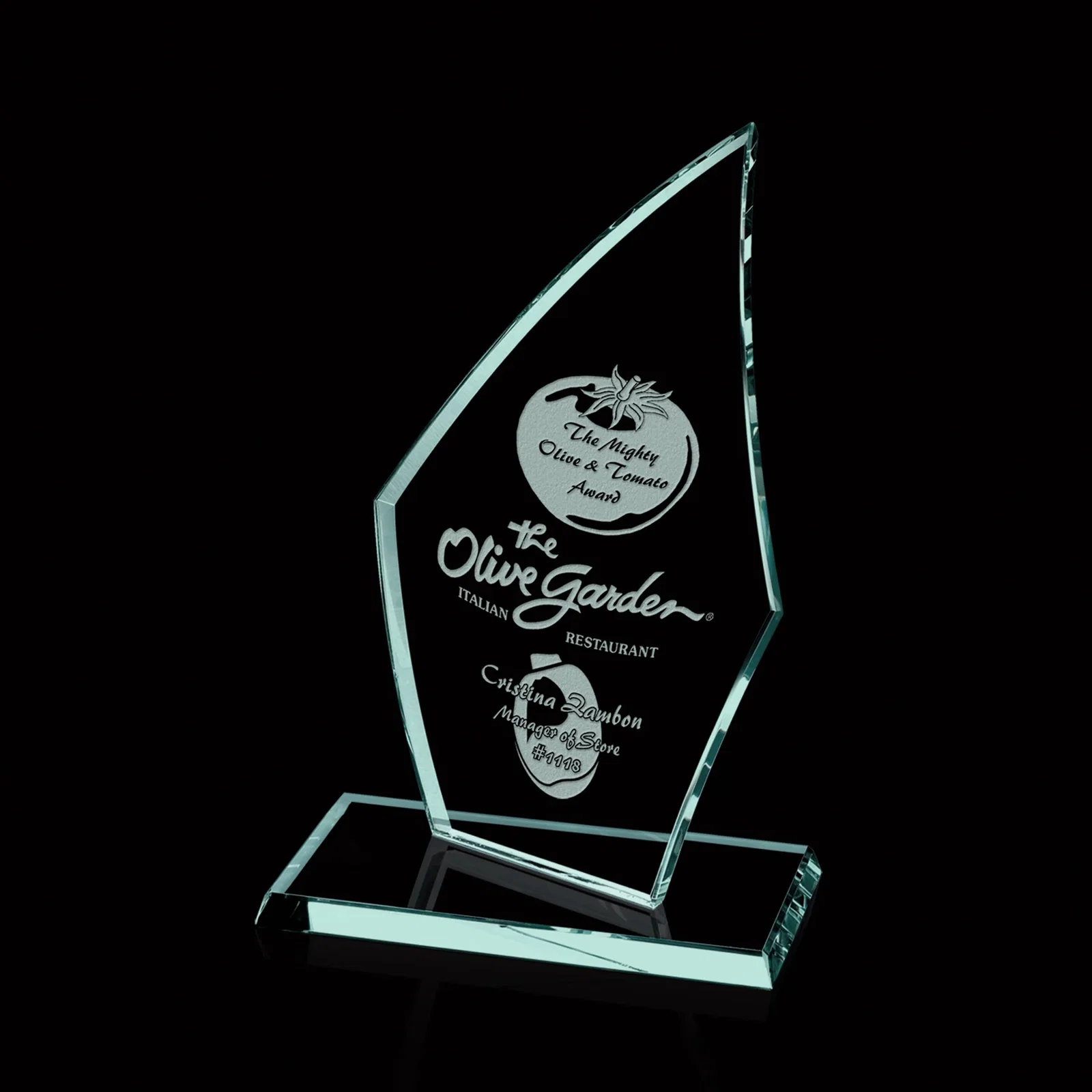 Custom Curved-Back Jade Glass Arrowhead Award, 3/8 Inch Panel for corporate award ceremonies